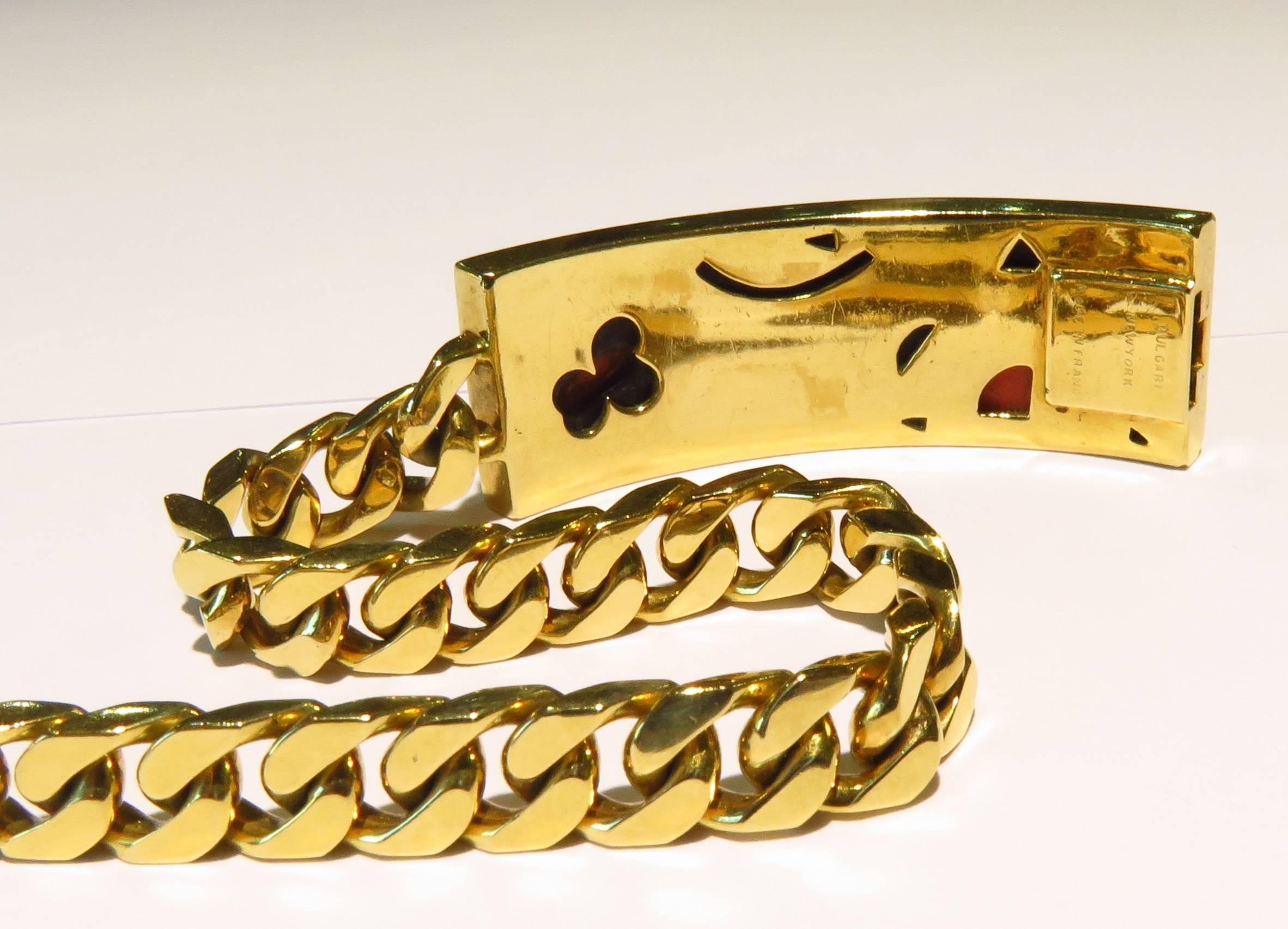 Women's Timeless Bvlgari Coral Onyx Diamond Heavy Link ID Style Inlaid Gold Bracelet