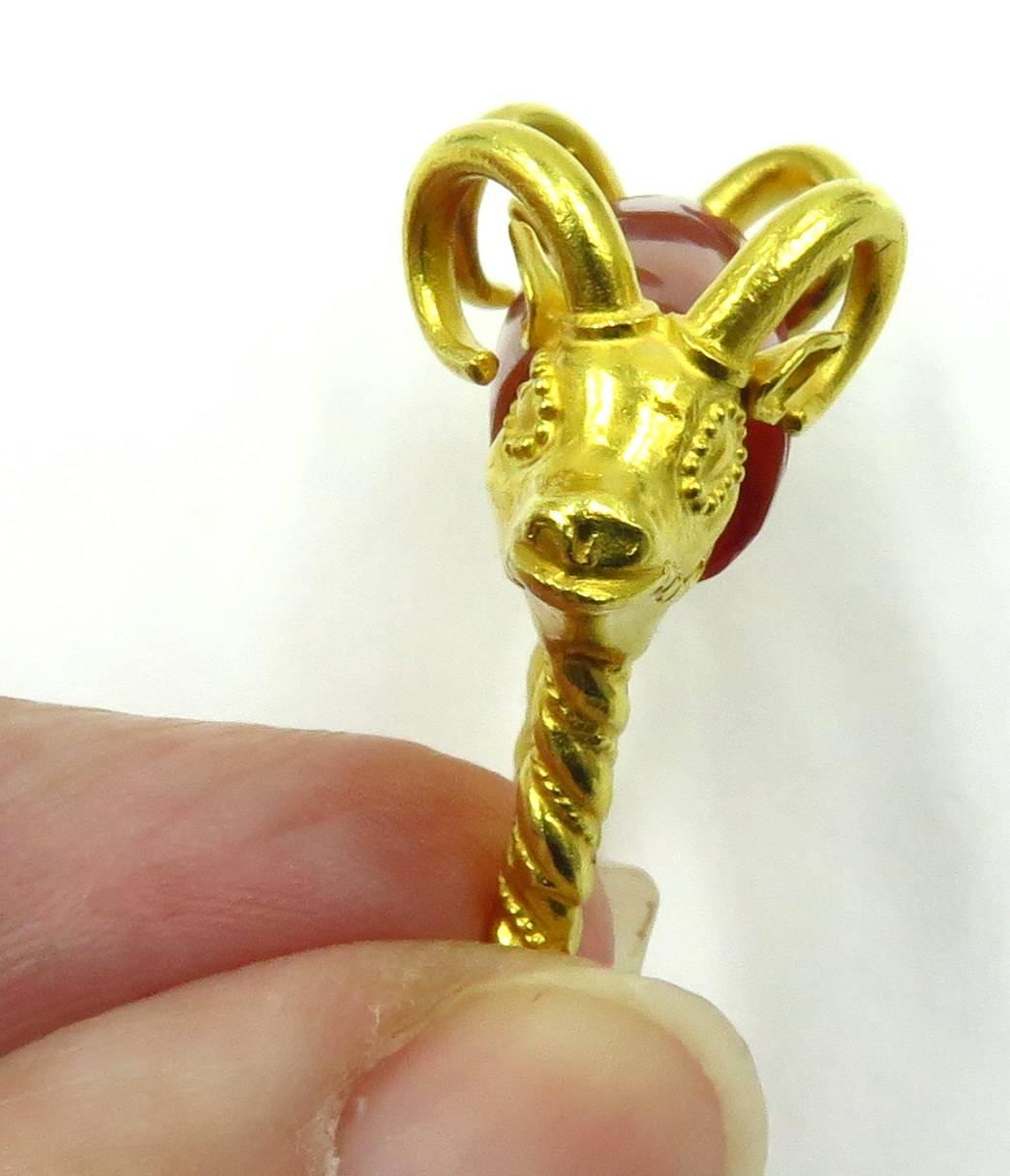 Women's or Men's Antique Spinning Carved Carnelian Gold Ram Heads Ring