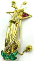 Superb Emerald Ruby Diamond Gold Golf Bag With Movable Clubs Flag Ball Brooch