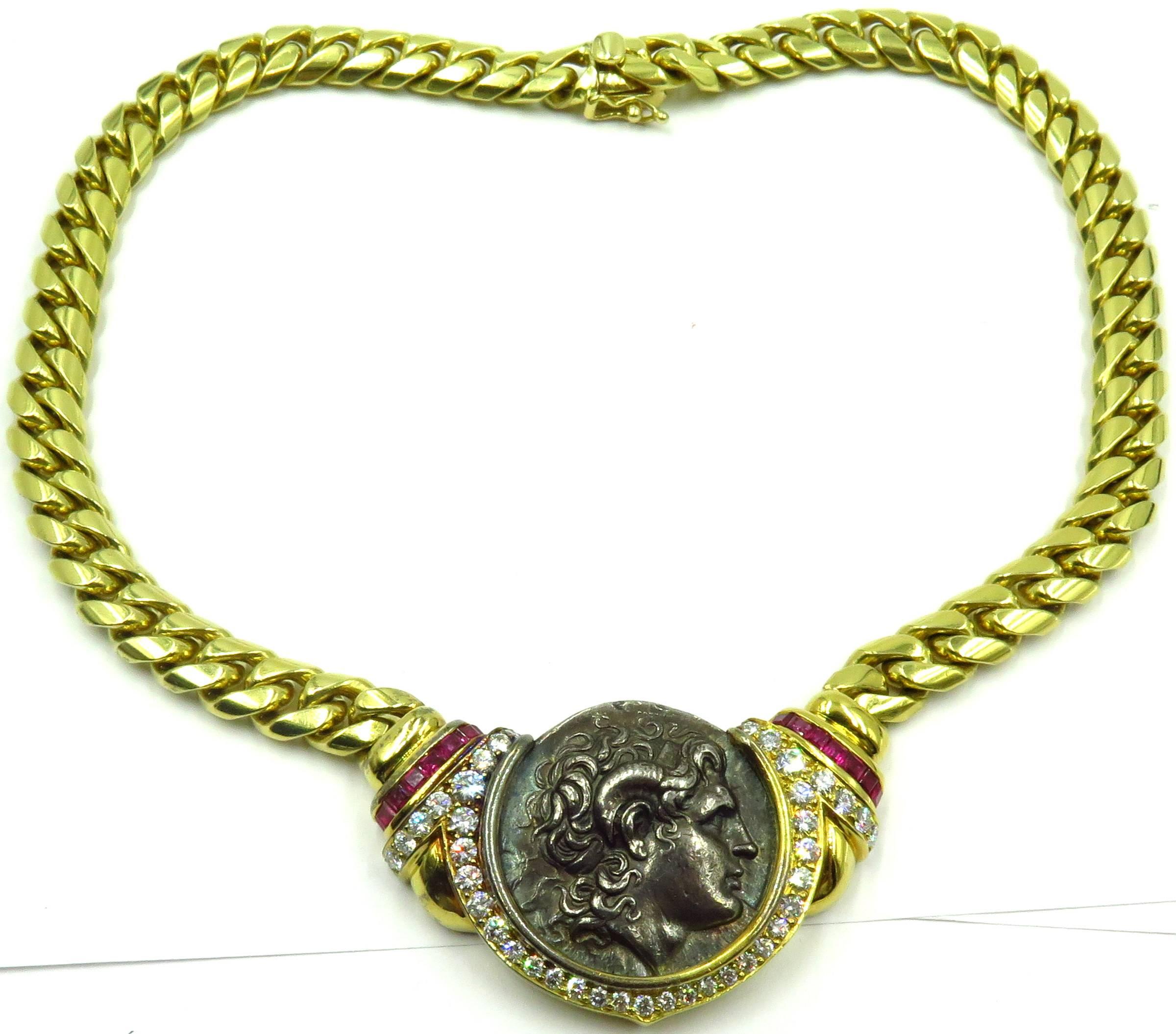 This magnificent 18K, large ancient coin necklace fits amazingly well on the neck. The front of the coin is depicts Alexander the Great, wearing horn of Ammon. The reverse shows the goddess Athena enthroned seated left holding Nike and resting hand