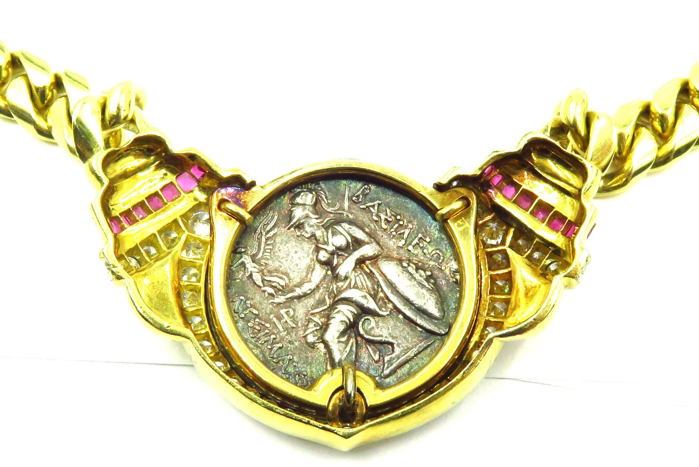 Stunning Ruby Diamond Gold Ancient Greek Alexander the Great Coin Necklace In Excellent Condition In Palm Beach, FL