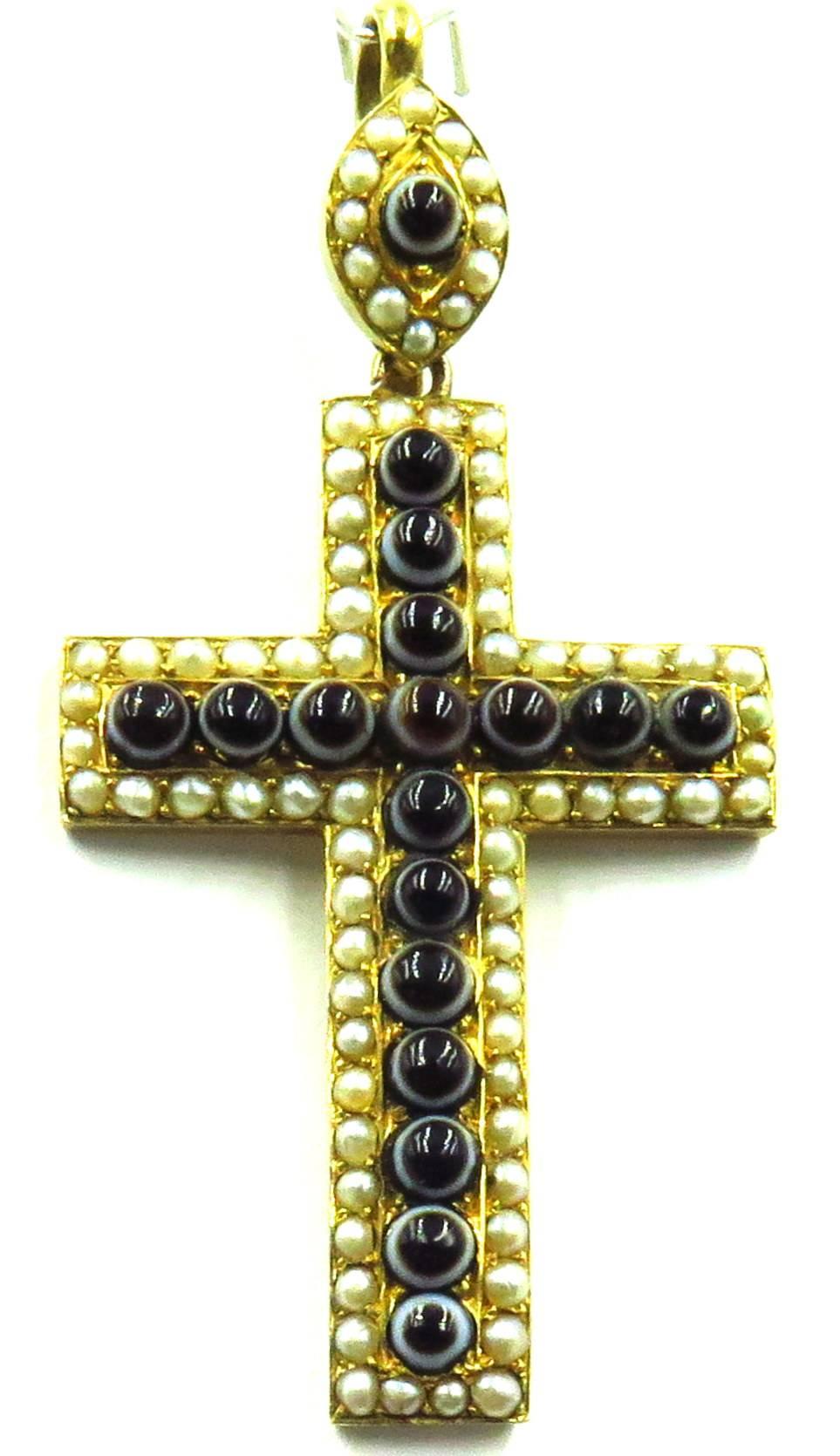 Exquisite Large Victorian Banded Agate Natural Pearl Gold Cross Charm Pendant For Sale 2