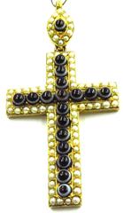 Exquisite Large Victorian Banded Agate Natural Pearl Gold Cross Charm Pendant