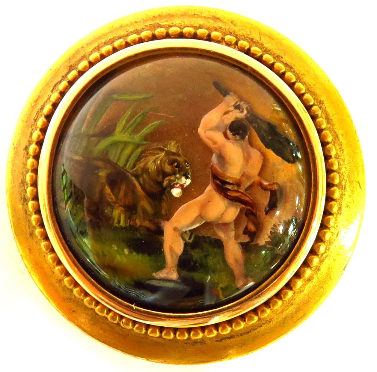 This is the most unusual crystal I've ever seen. I know you will enjoy wearing this fabulous pin. This subject matter depicts Hercules and the Lion
This Etruscan pin is higher than 18k gold. I doubt you will ever see another.
This pin measures.1