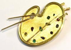 Large Exceptional Multi Gemstone Gold Artist Pallet Pin with Brushes