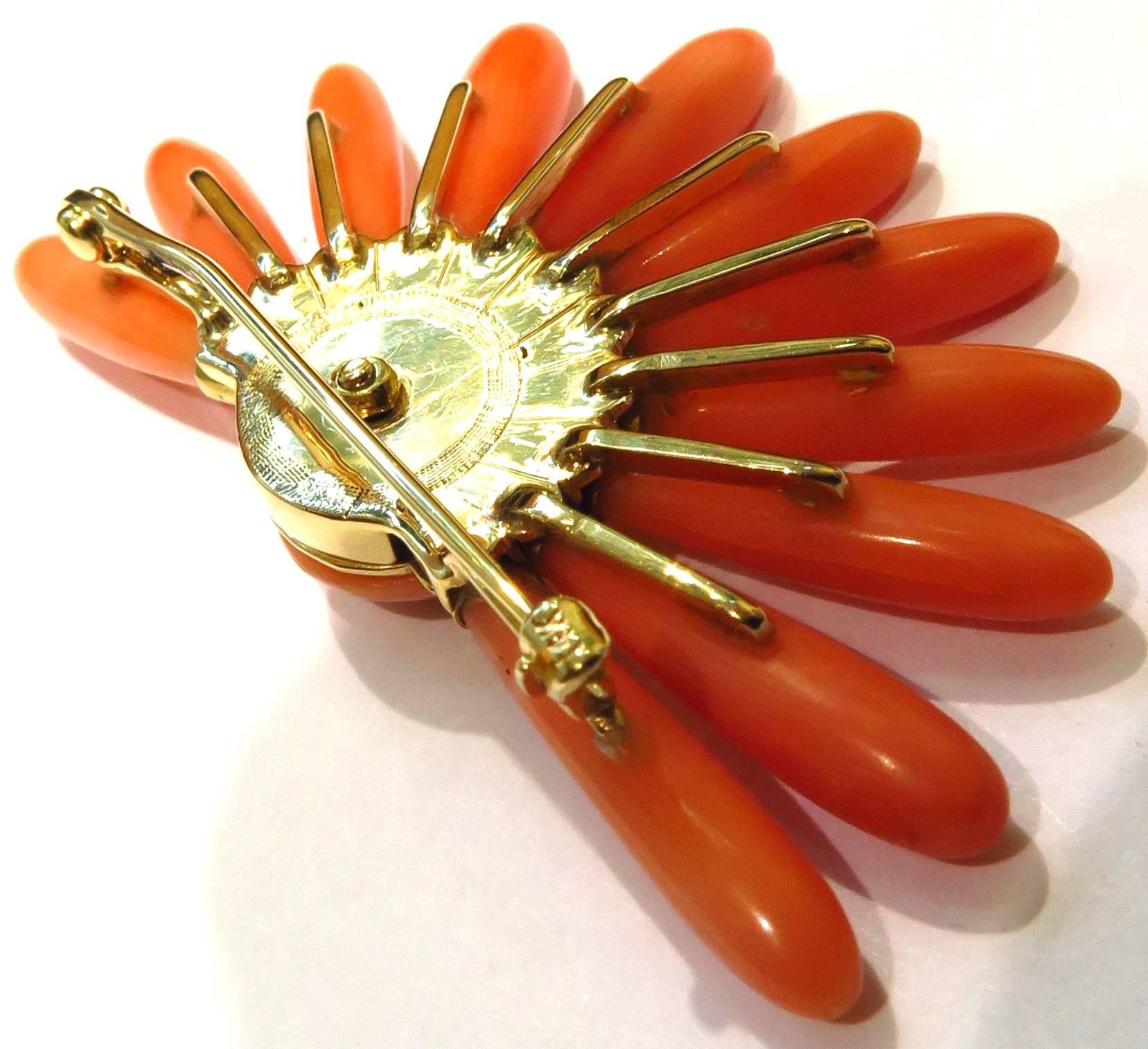 Victorian Carved Coral Ray of Sunshine Exquisite Gold Platinum Diamond Pin