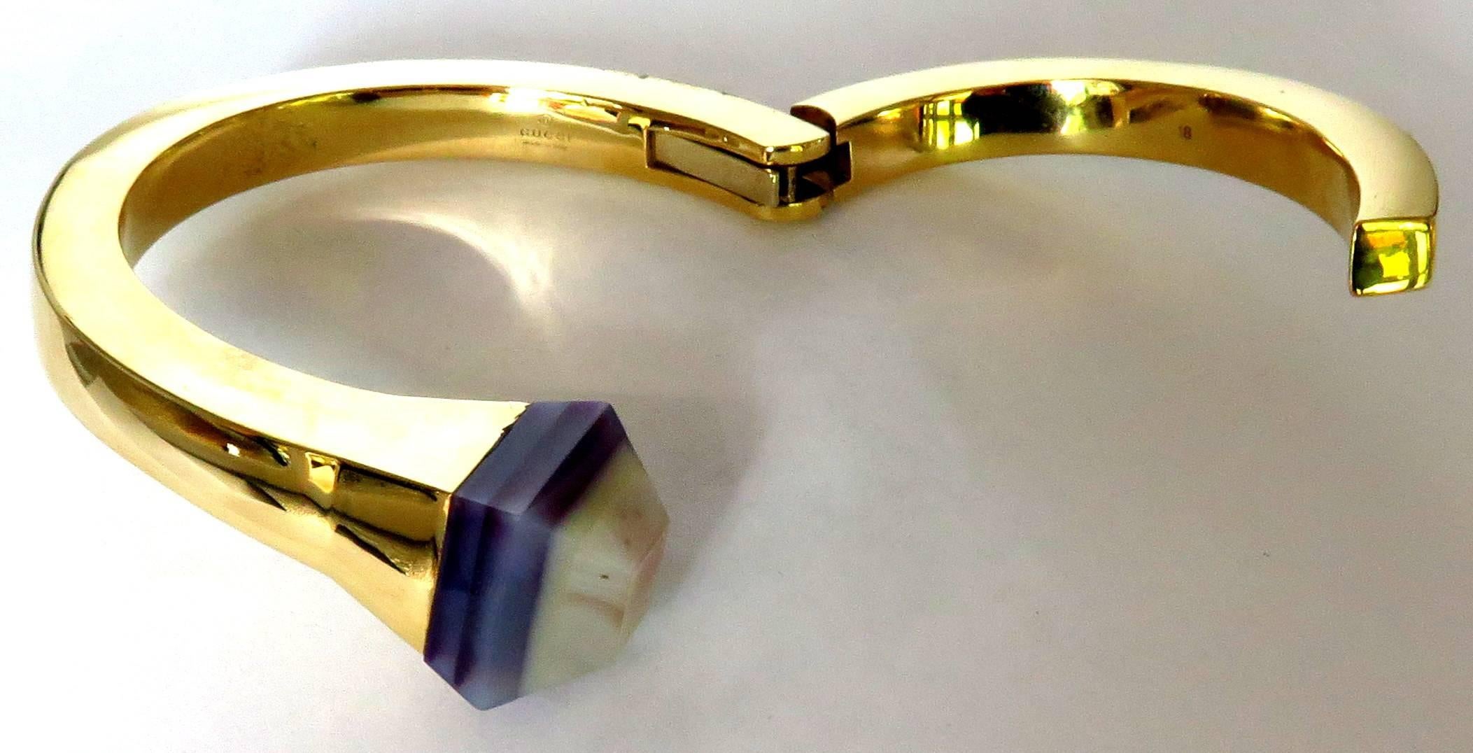 Women's or Men's Gucci Edgy Banded Agate Gold Large Nail Motif Hinged Bypass Bangle Bracelet