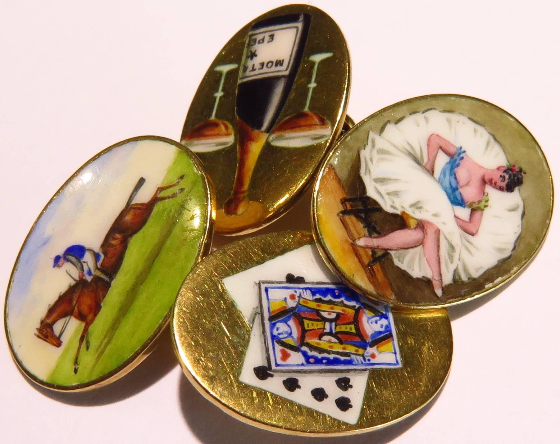 These are the best of the best when it comes to 4 Vices cufflinks!
They are true art deco from Birmingham England and signed WJH (William James Holmes). The enamel has no chips at all. But it does have some very faint scratches, all minor, due to