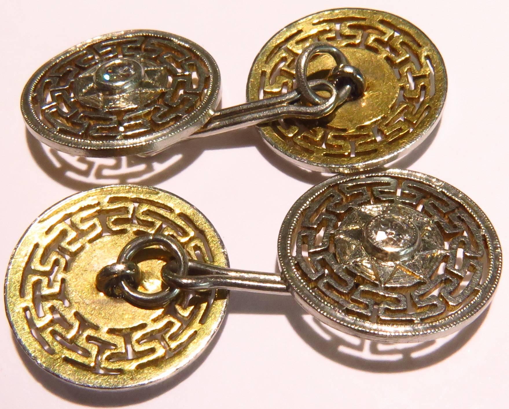 Women's or Men's Early Art Deco Classic Greek Key Center Diamond Platinum Gold Cufflinks For Sale