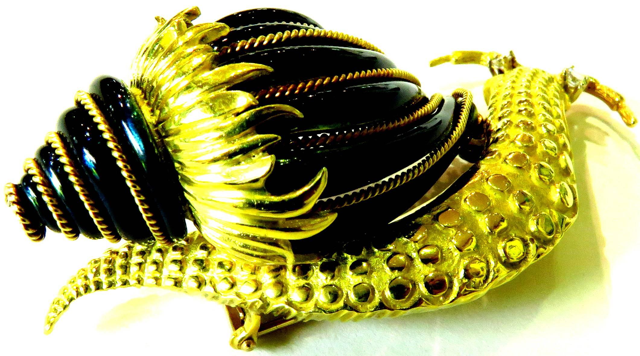 Women's or Men's 1980s David Webb Fantastic Large Enamel Diamond Gold Snail Brooch