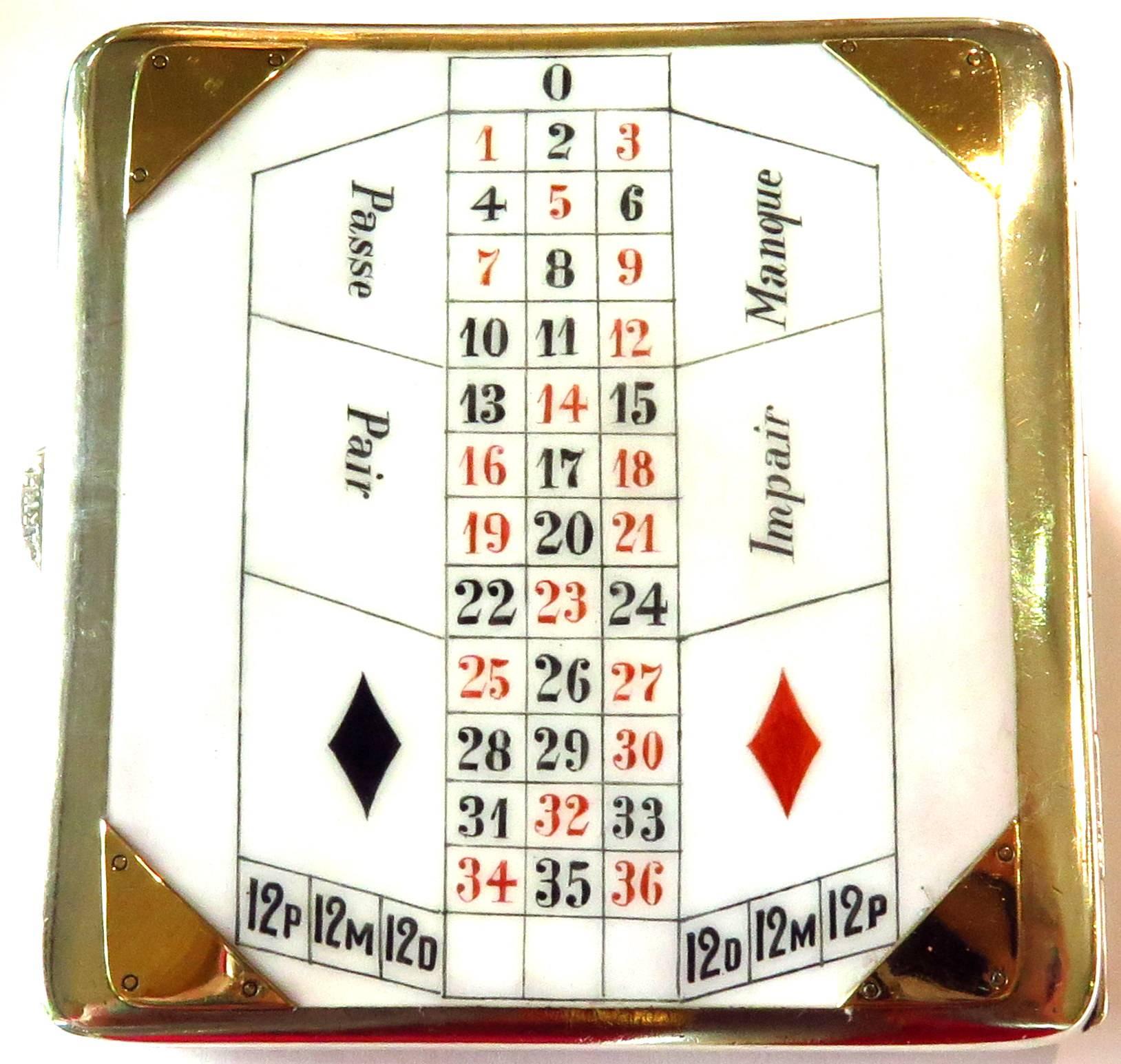 This incredible cigarette box by Cartier is incredibly enameled. The top of the box depicts a roulette wheel with the ball landing on 35 red. The bottom depicts a gambling layout with each of the corners in yellow gold placed to show they are