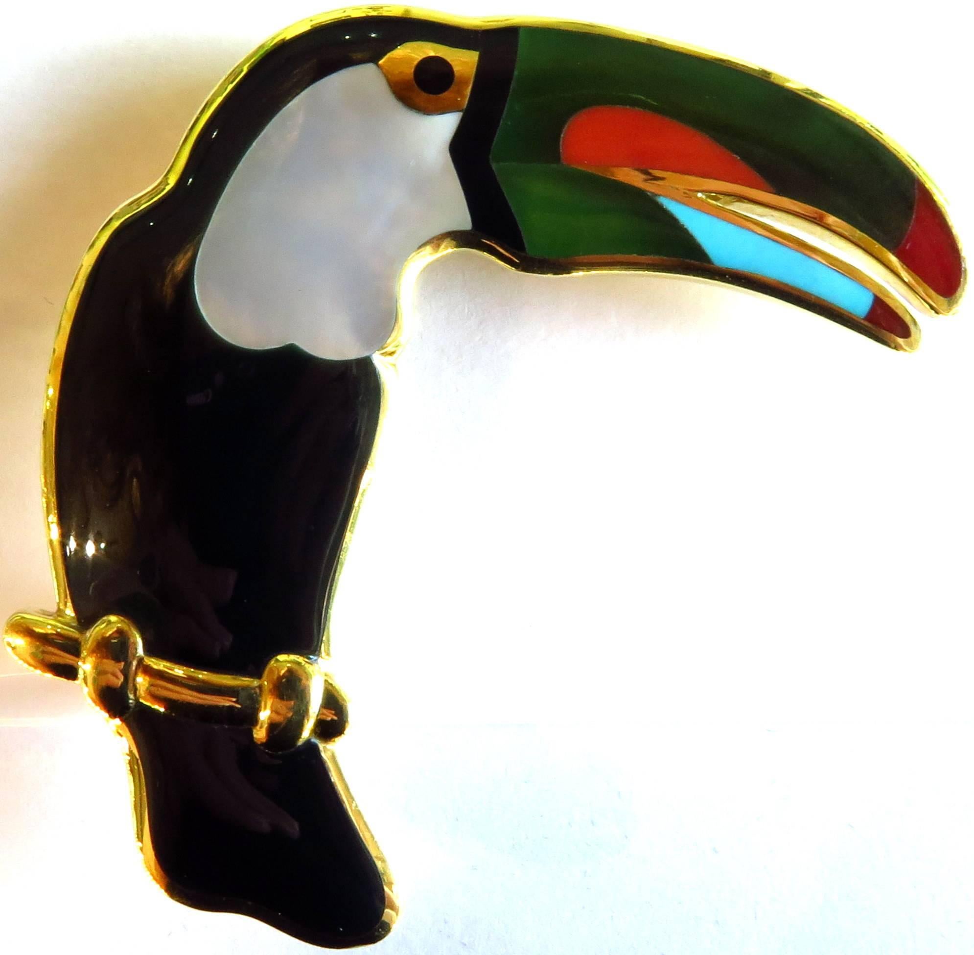 Women's or Men's Tiffany & Co. Spectacular Large Multi Inlaid Stones Gold Toucan Brooch