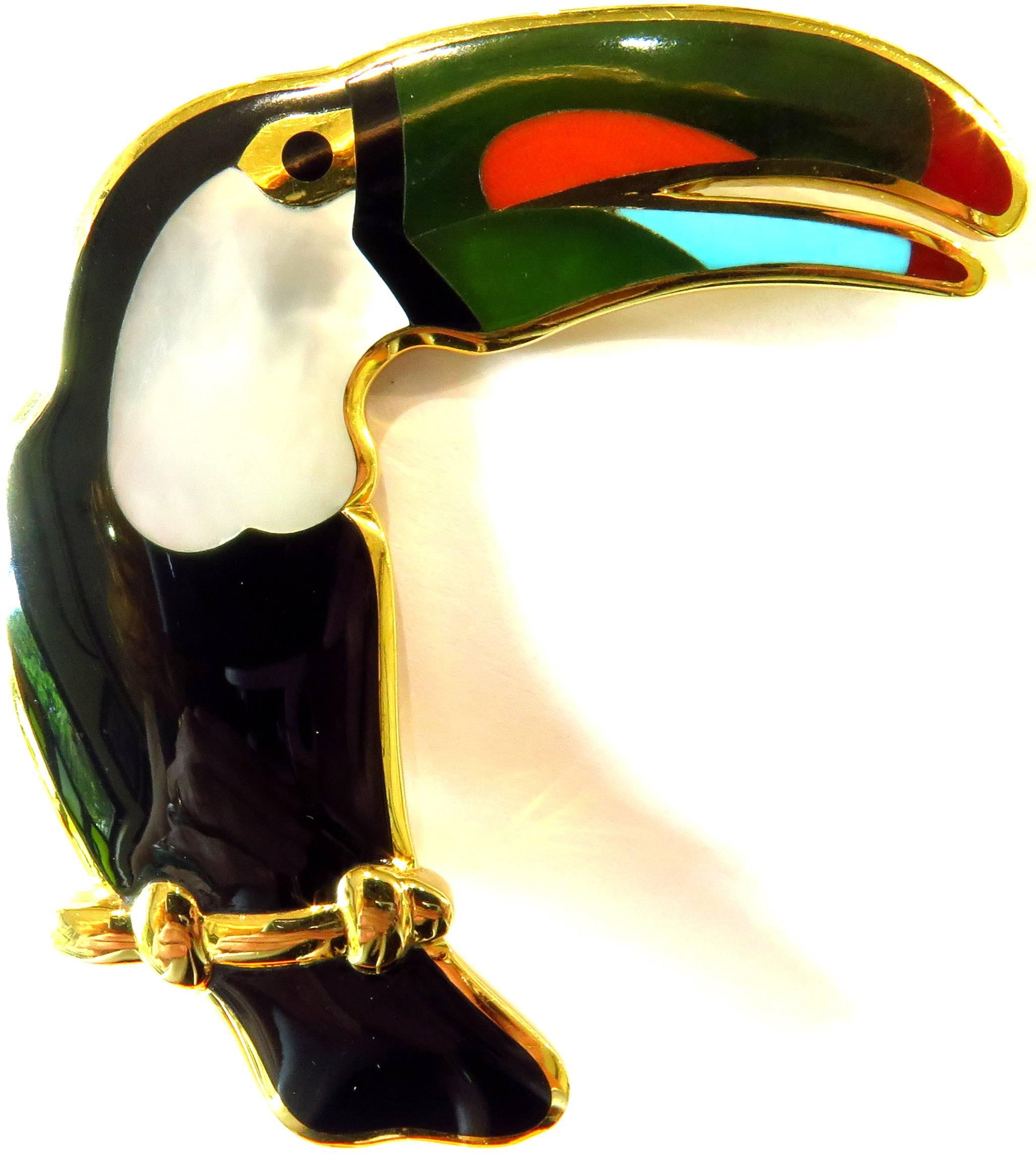 Tiffany & Co. Spectacular Large Multi Inlaid Stones Gold Toucan Brooch 2