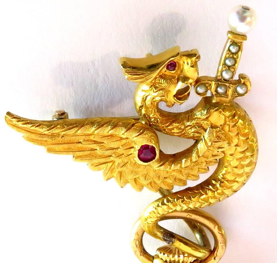 1930s J.E. Caldwell Pearl Ruby Diamond Gold Griffin Watch Pin with Watch In Excellent Condition In Palm Beach, FL
