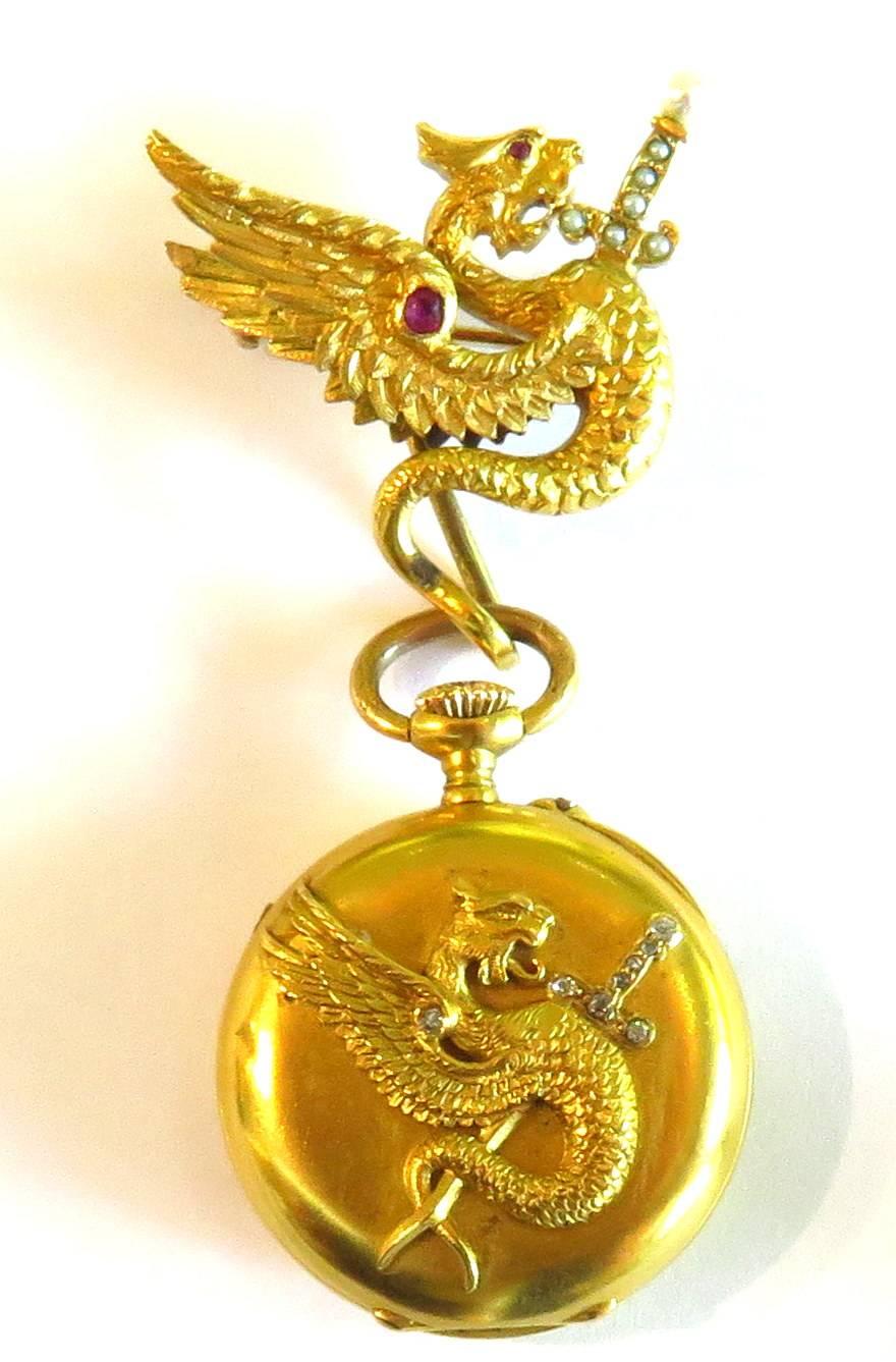 1930s J.E. Caldwell Pearl Ruby Diamond Gold Griffin Watch Pin with Watch 5