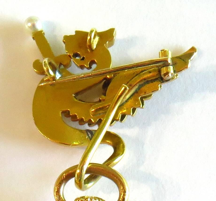 1930s J.E. Caldwell Pearl Ruby Diamond Gold Griffin Watch Pin with Watch 6