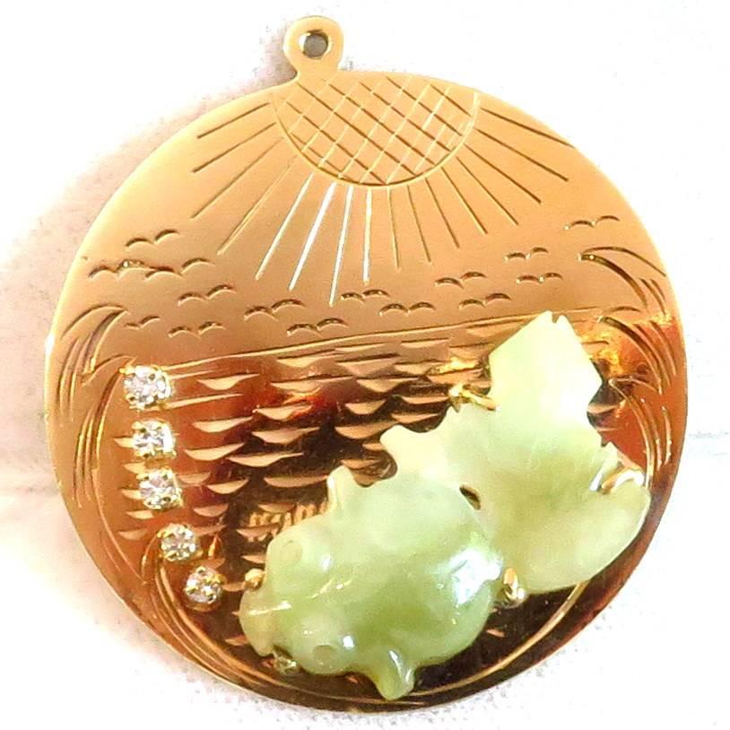 Large Jade Koi Fish Diamond Bubbles Waves and Sunshine Gold Charm Pendant For Sale 1