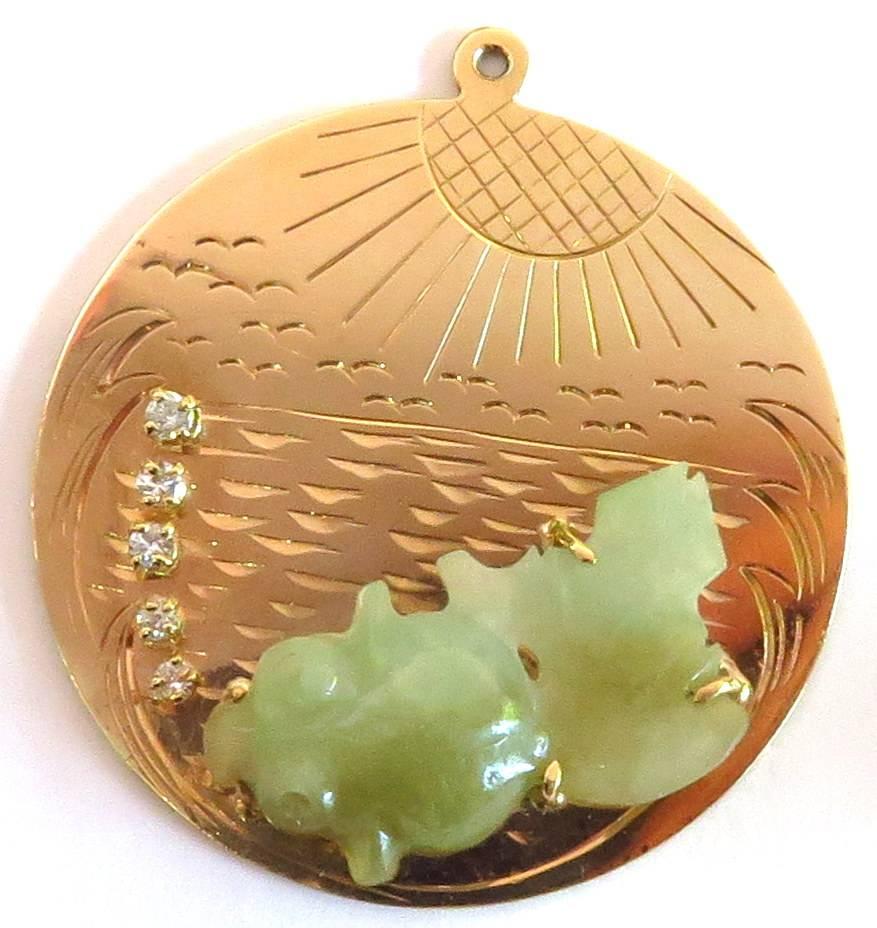 Large Jade Koi Fish Diamond Bubbles Waves and Sunshine Gold Charm Pendant For Sale 2