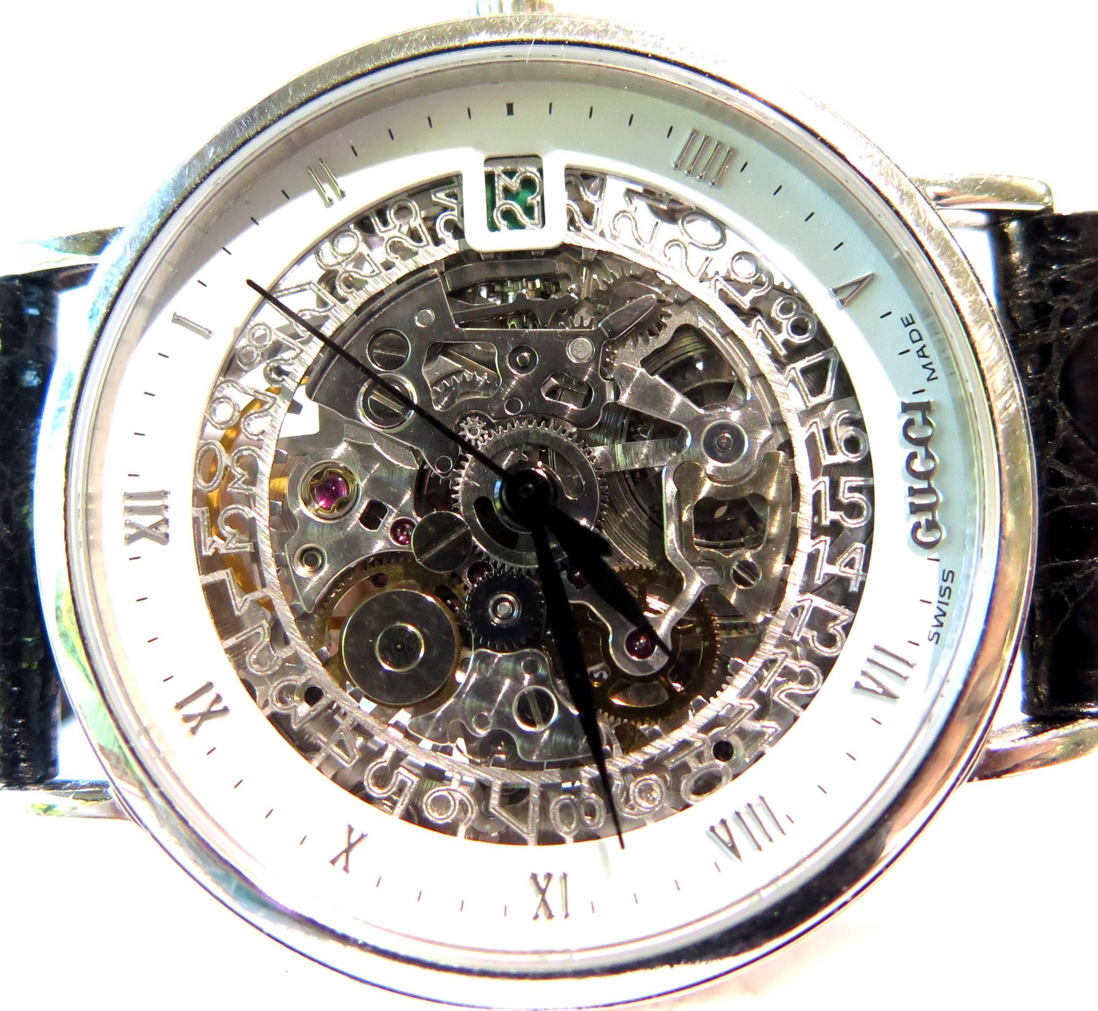Women's or Men's Gucci Platinum White Enamel Border Skeleton Wristwatch