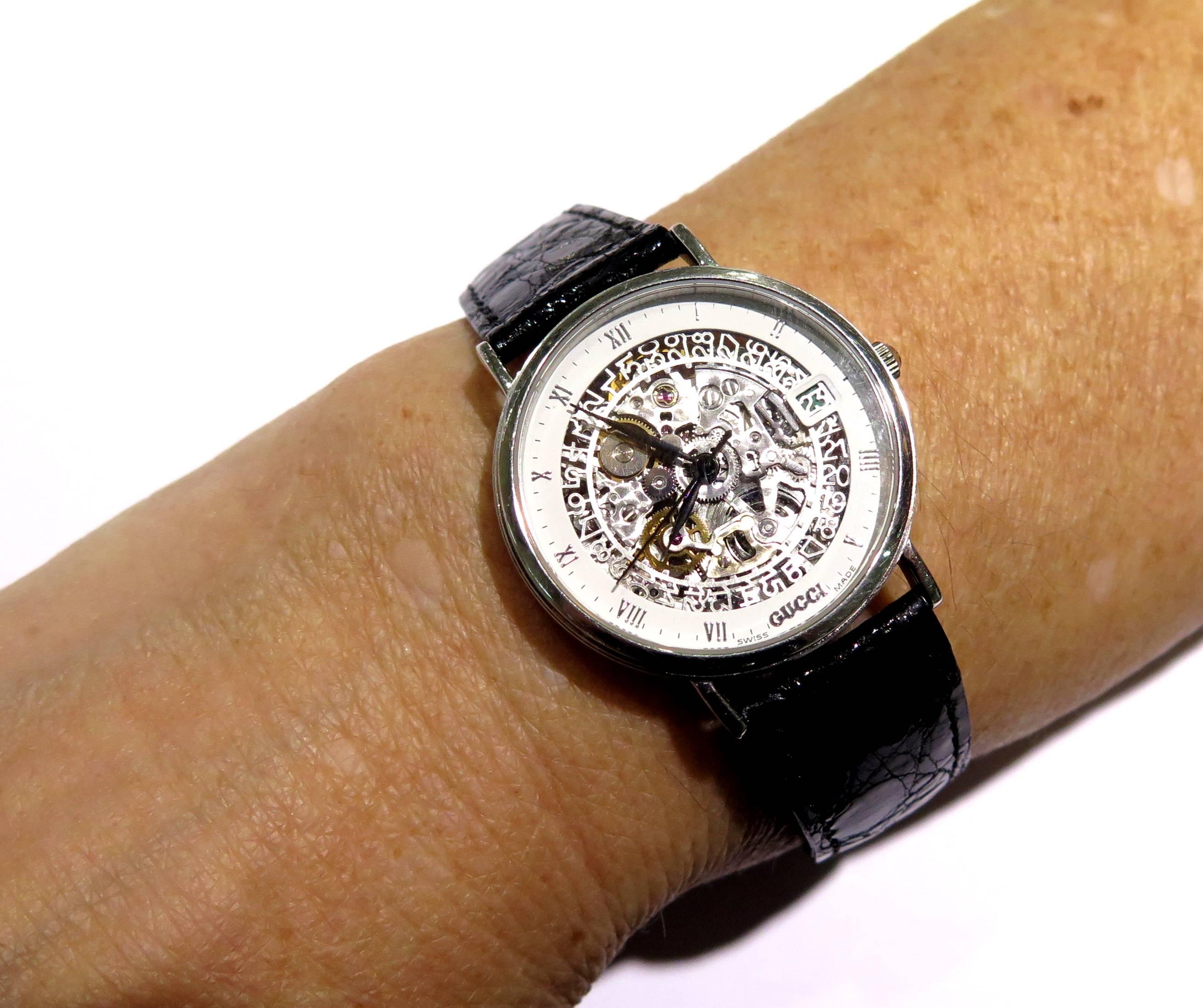 Gucci Platinum White Enamel Border Skeleton Wristwatch at 1stDibs ...