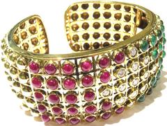 Stunning Bezel Set Ruby Emerald Diamond Gold Hinged Cuff Bracelet