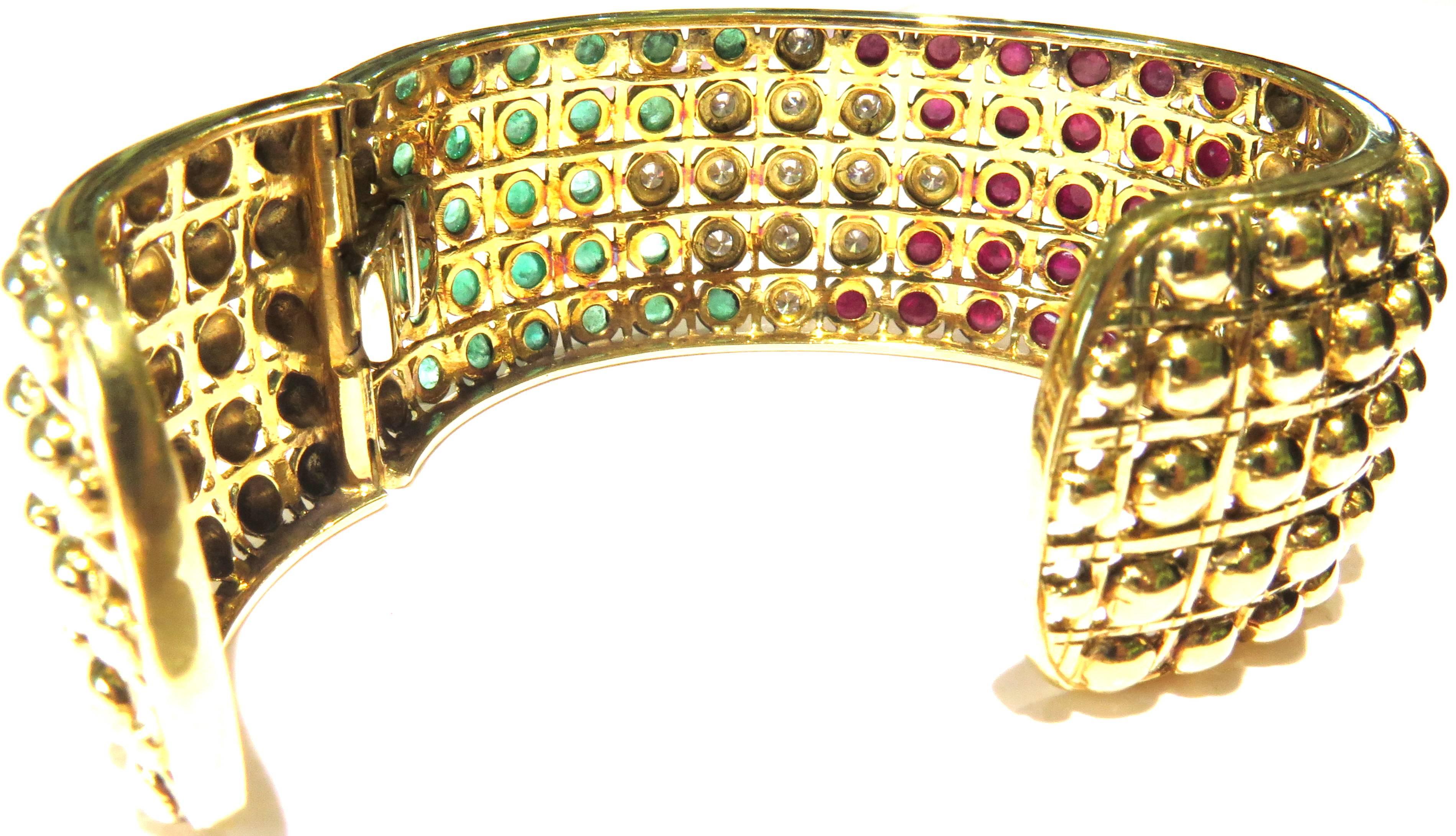 Women's Stunning Bezel Set Ruby Emerald Diamond Gold Hinged Cuff Bracelet