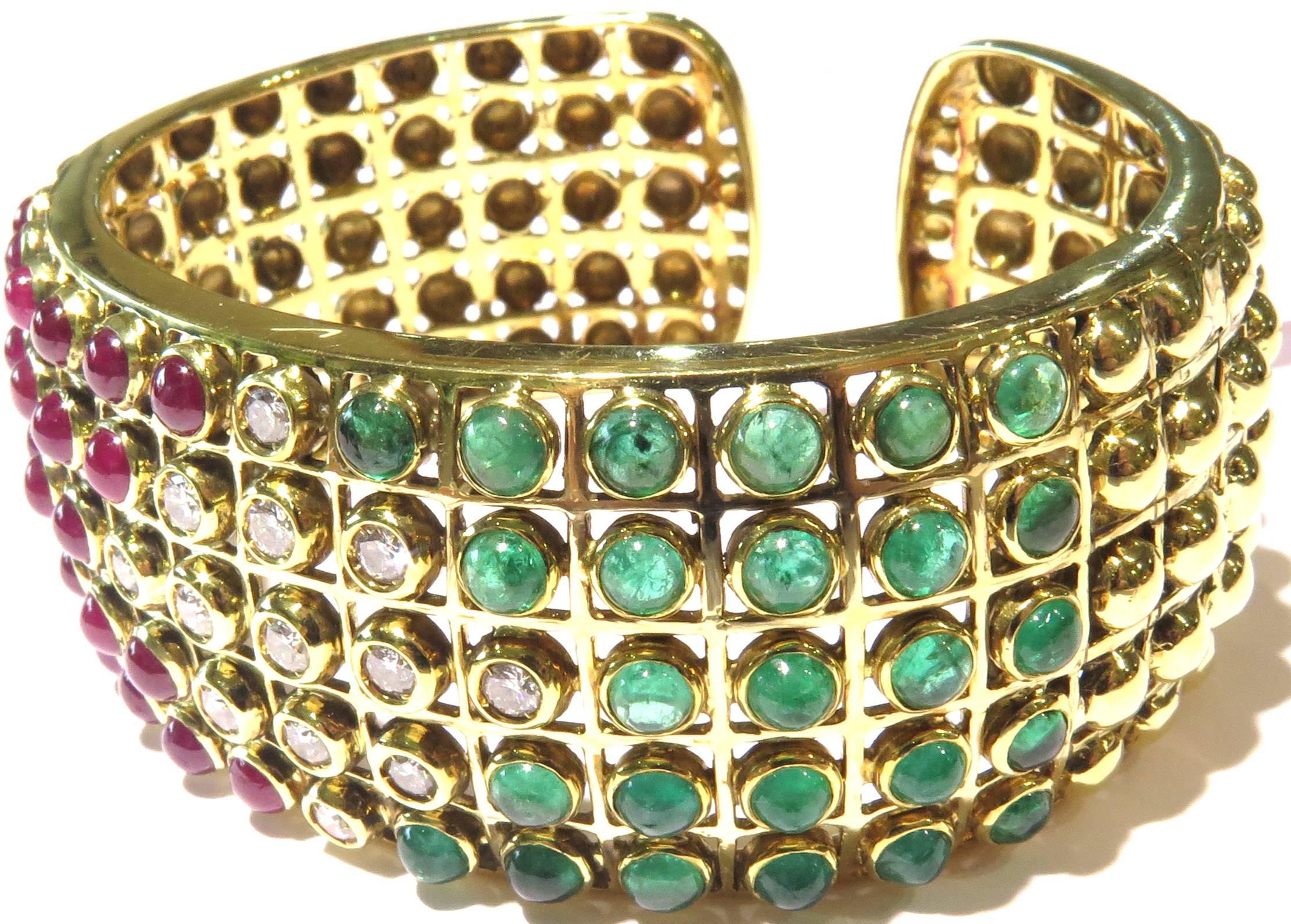 Stunning Bezel Set Ruby Emerald Diamond Gold Hinged Cuff Bracelet 1