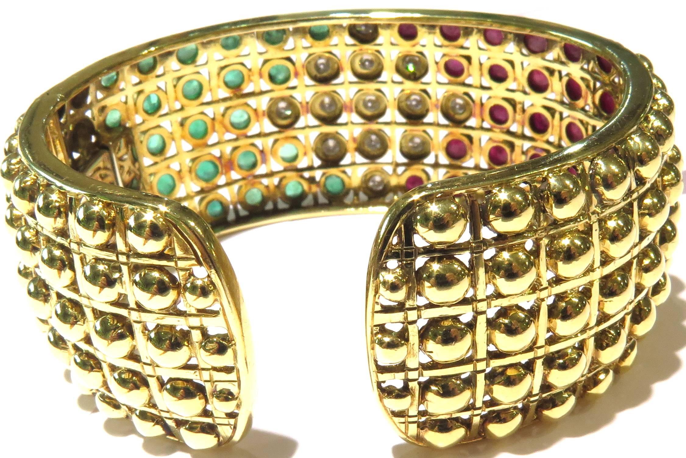 Stunning Bezel Set Ruby Emerald Diamond Gold Hinged Cuff Bracelet 2