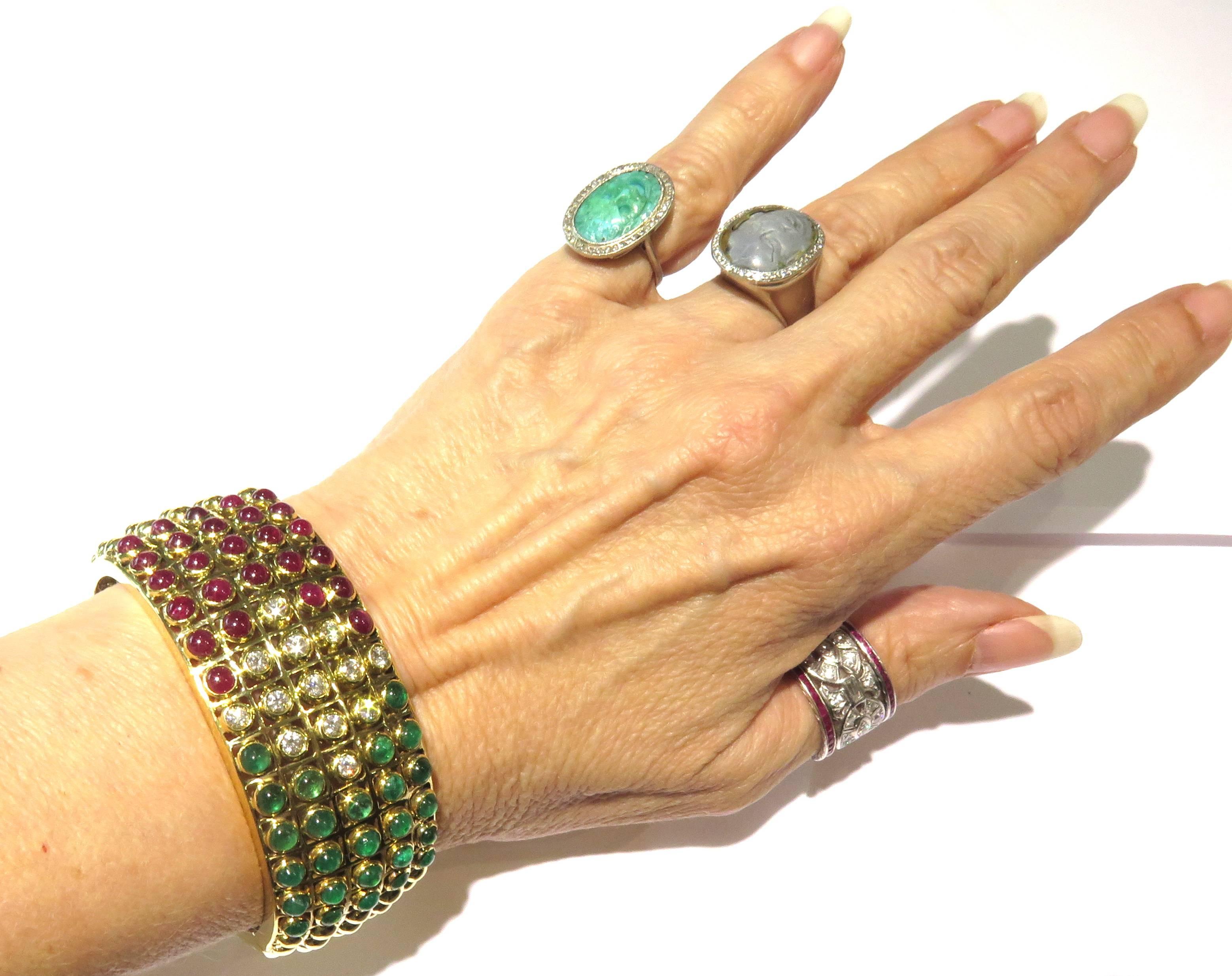 Stunning Bezel Set Ruby Emerald Diamond Gold Hinged Cuff Bracelet 3