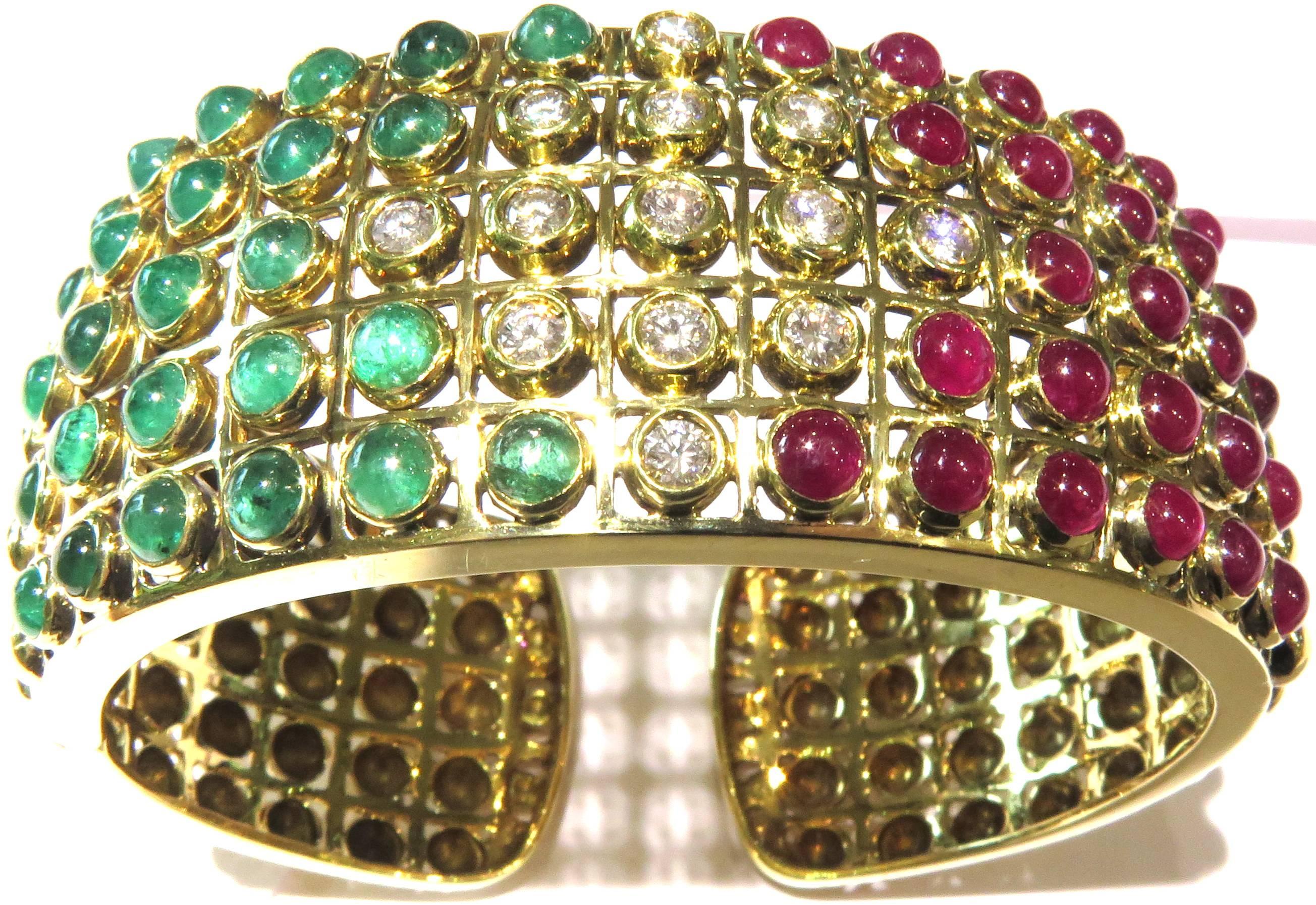 Stunning Bezel Set Ruby Emerald Diamond Gold Hinged Cuff Bracelet 4