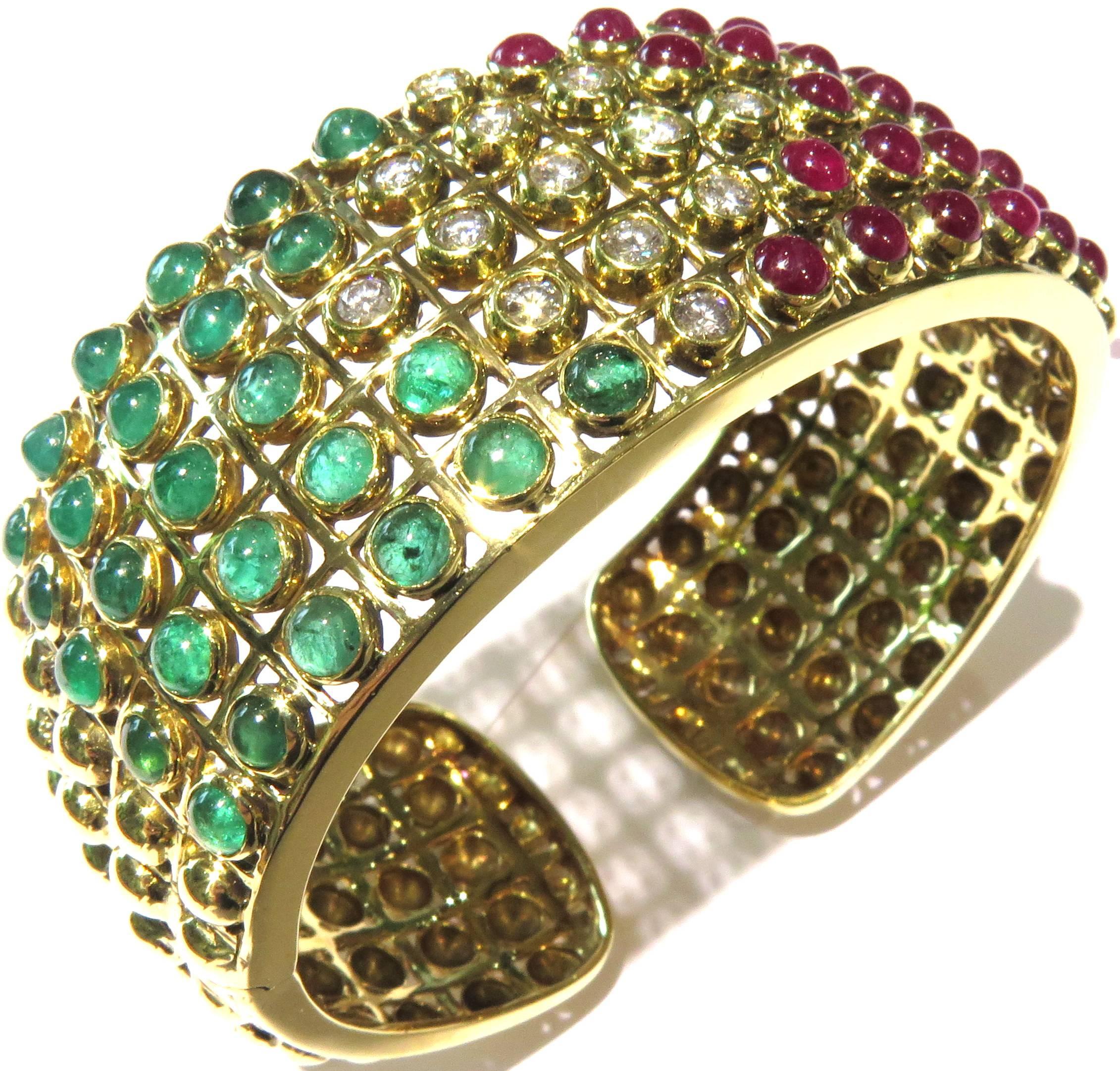 Stunning Bezel Set Ruby Emerald Diamond Gold Hinged Cuff Bracelet 5