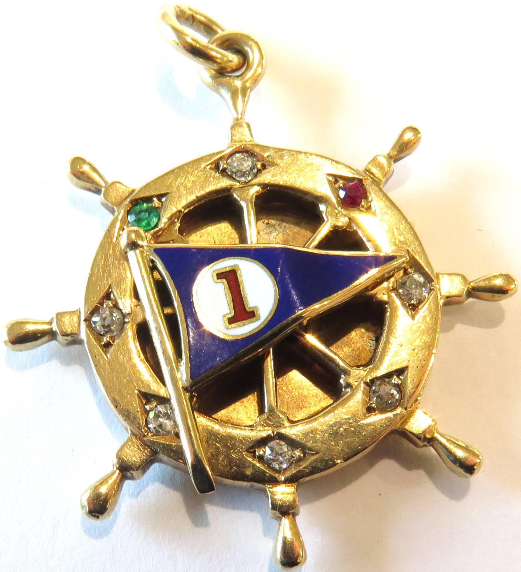 Women's or Men's Nautical Presentation Enamel Gemstone Gold Pendant Charm Dated Jan 10 1919
