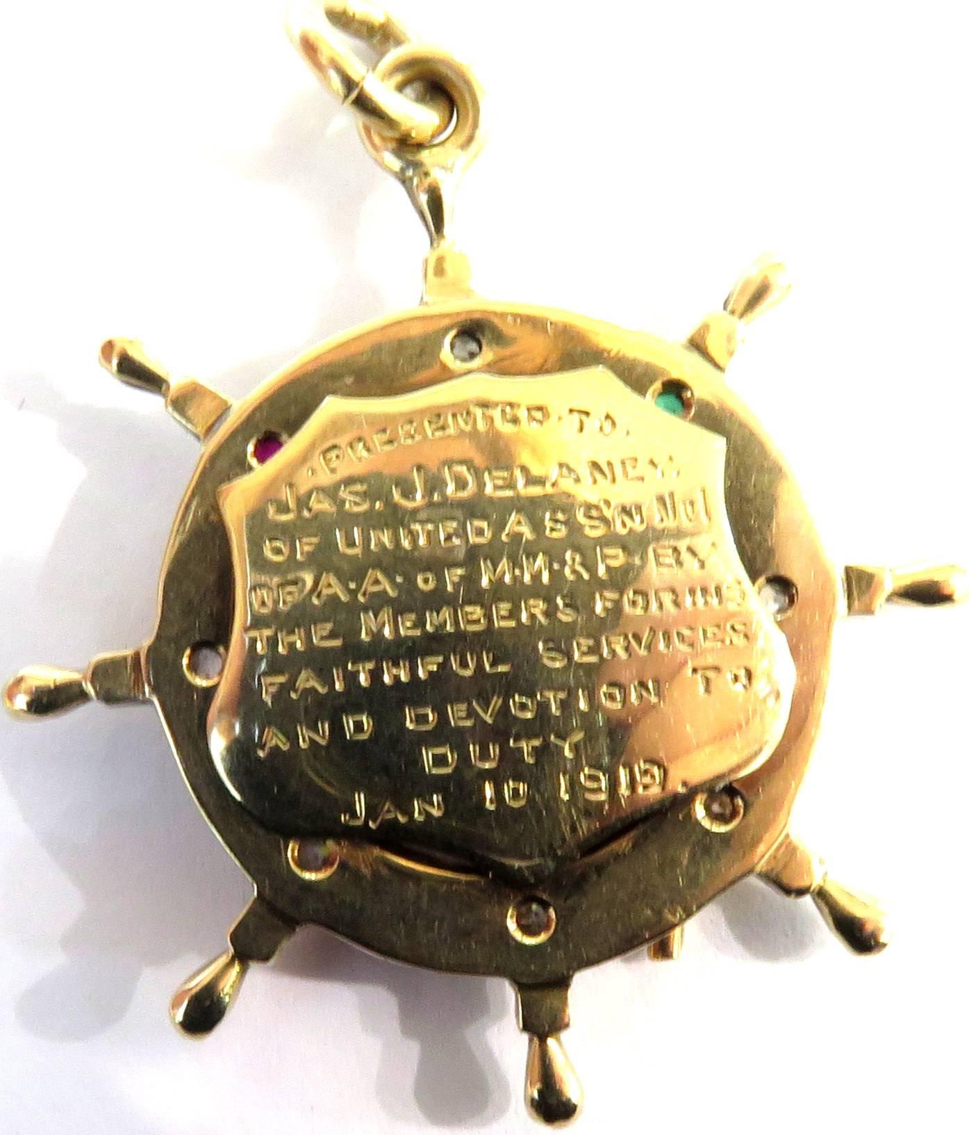 Nautical Presentation Enamel Gemstone Gold Pendant Charm Dated Jan 10 1919 3