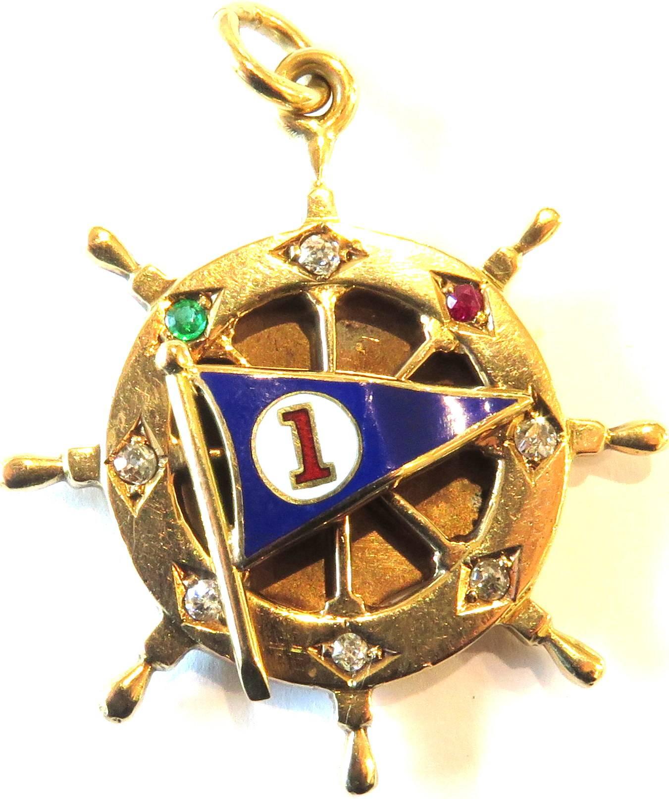 Nautical Presentation Enamel Gemstone Gold Pendant Charm Dated Jan 10 1919 4