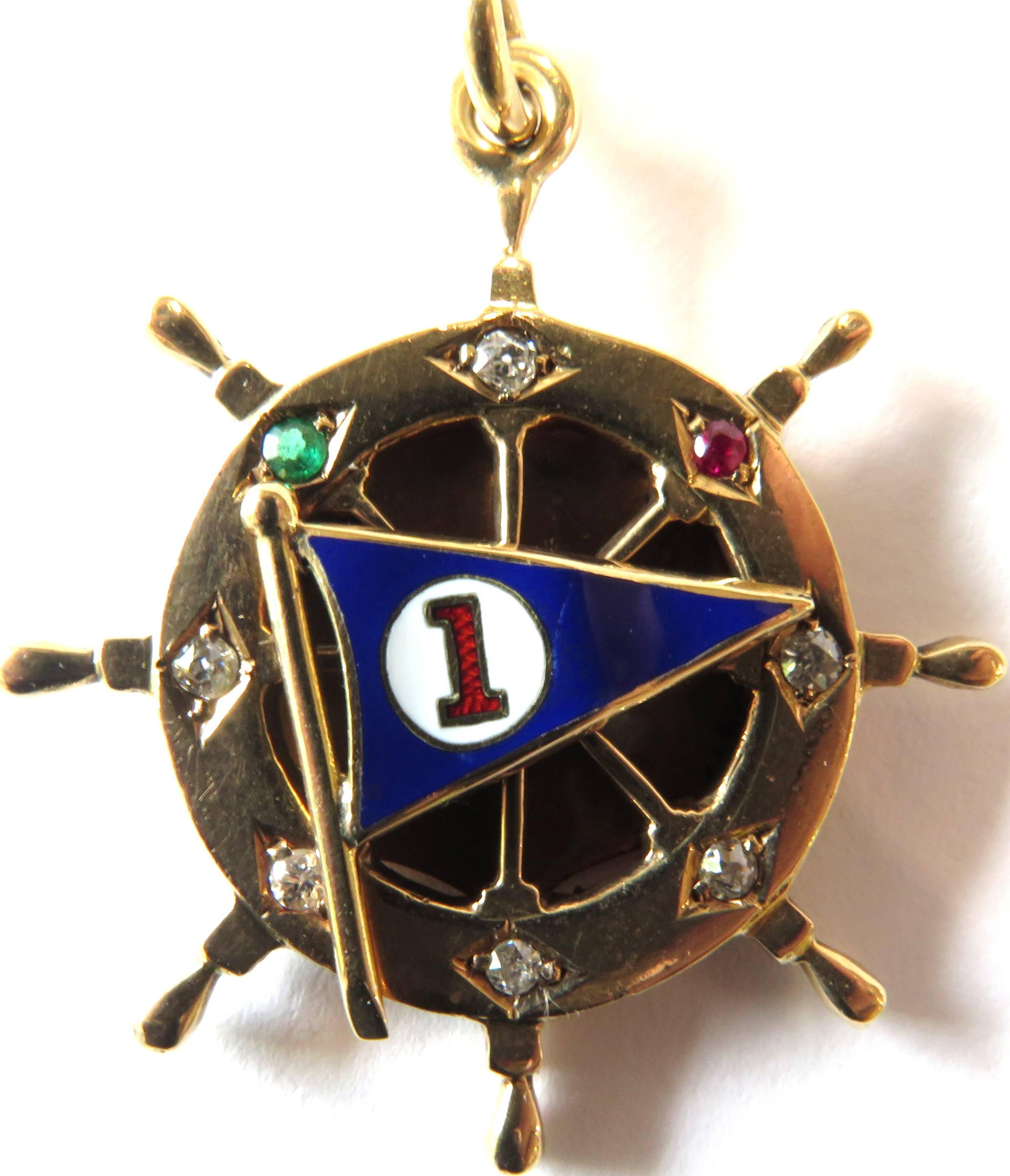 Nautical Presentation Enamel Gemstone Gold Pendant Charm Dated Jan 10 1919 In Excellent Condition In Palm Beach, FL