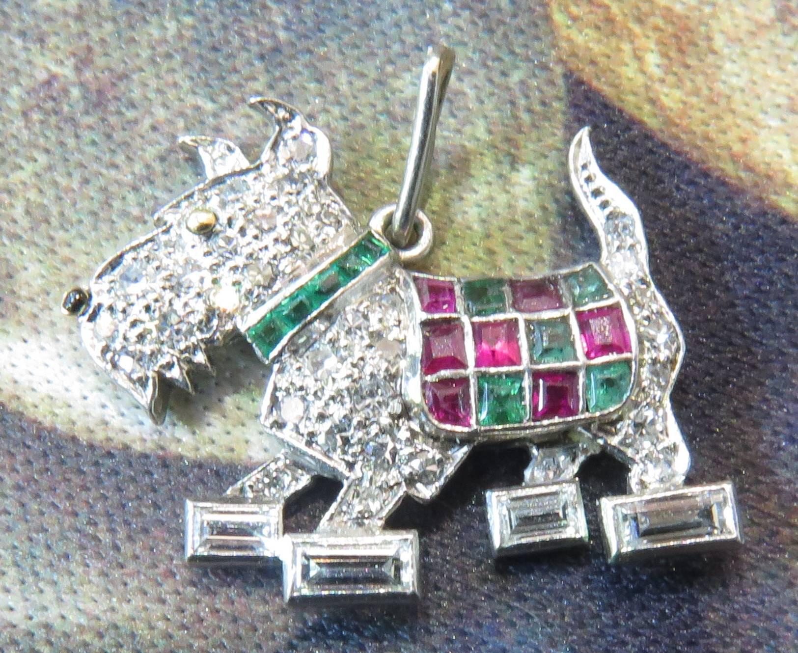 Irresistible Emerald Ruby Diamond Platinum Scottie Dog Art Deco Charm/Pendant 1