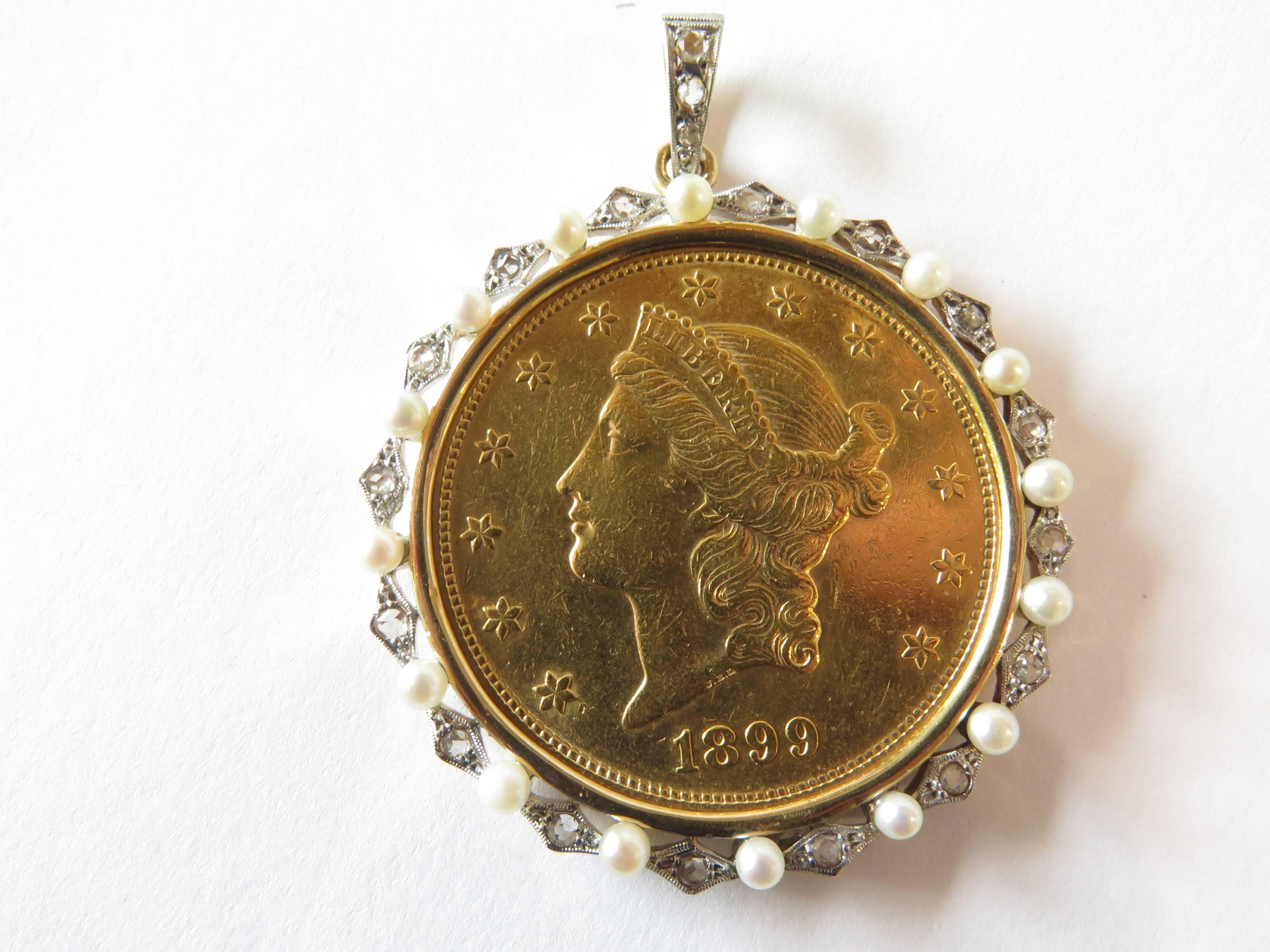 Women's or Men's Classic Edwardian Natural Pearl Diamond Gold Platinum  $20 Gold Piece Pendant