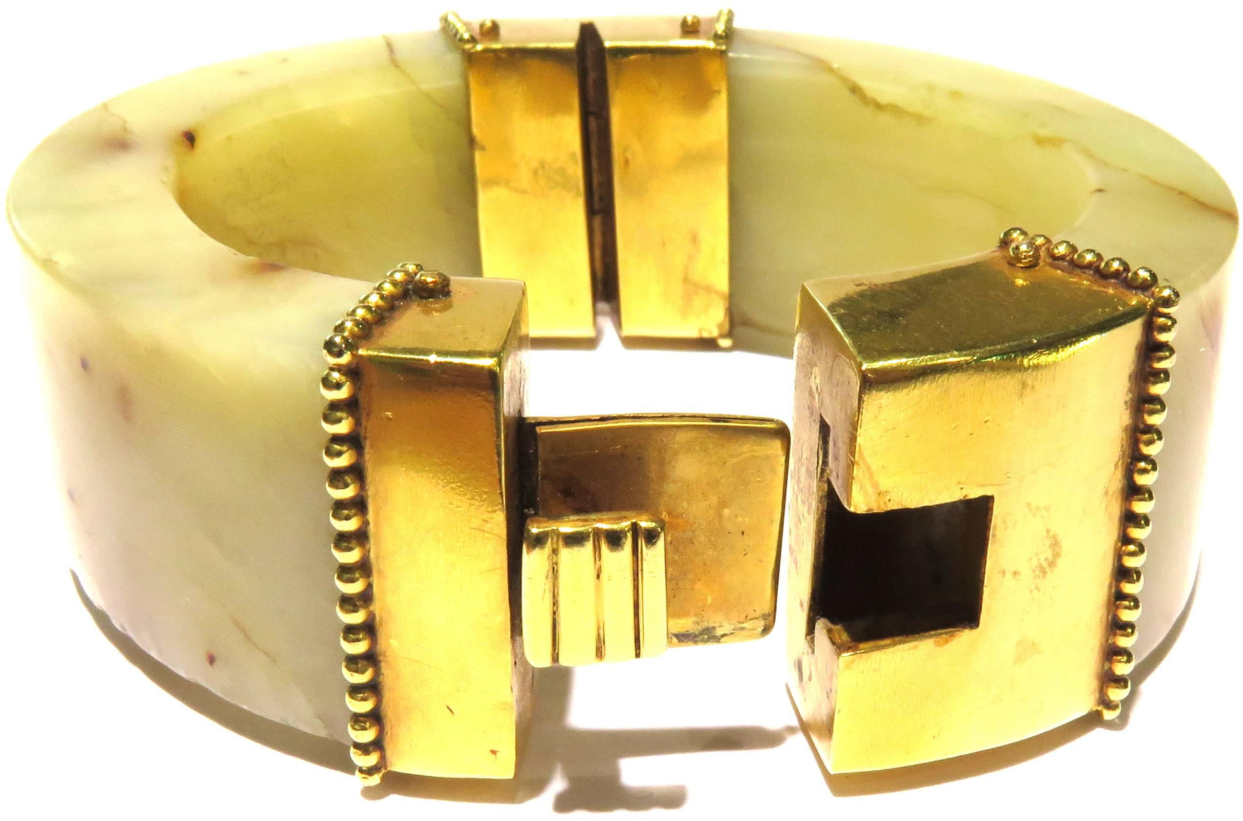 Women's or Men's Powerful Edgy Marble High Karat Gold Hinged Bangle Bracelet