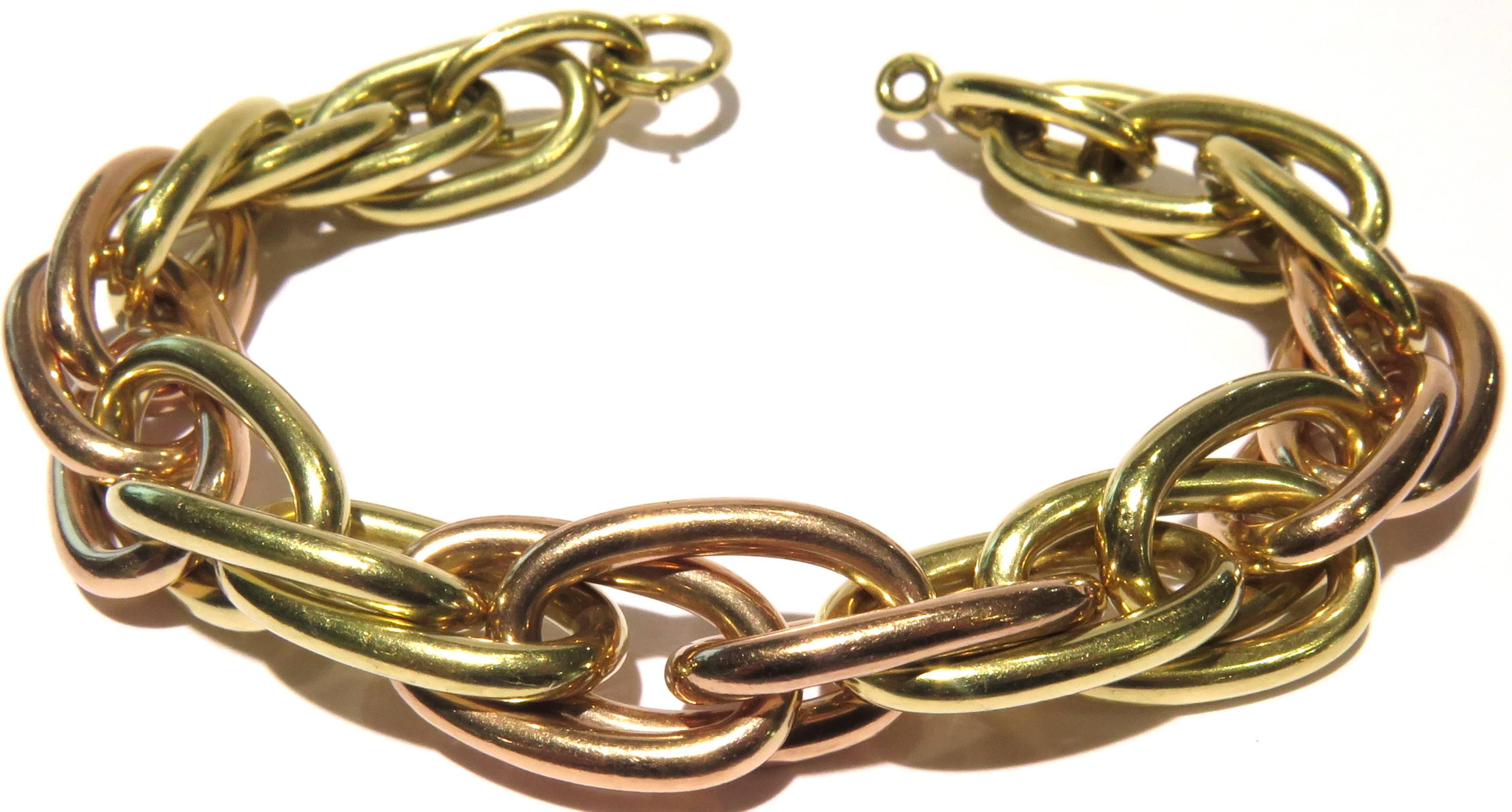 Retro 1940s Bold Dramatic Two Color Gold Large Oval Link Bracelet
