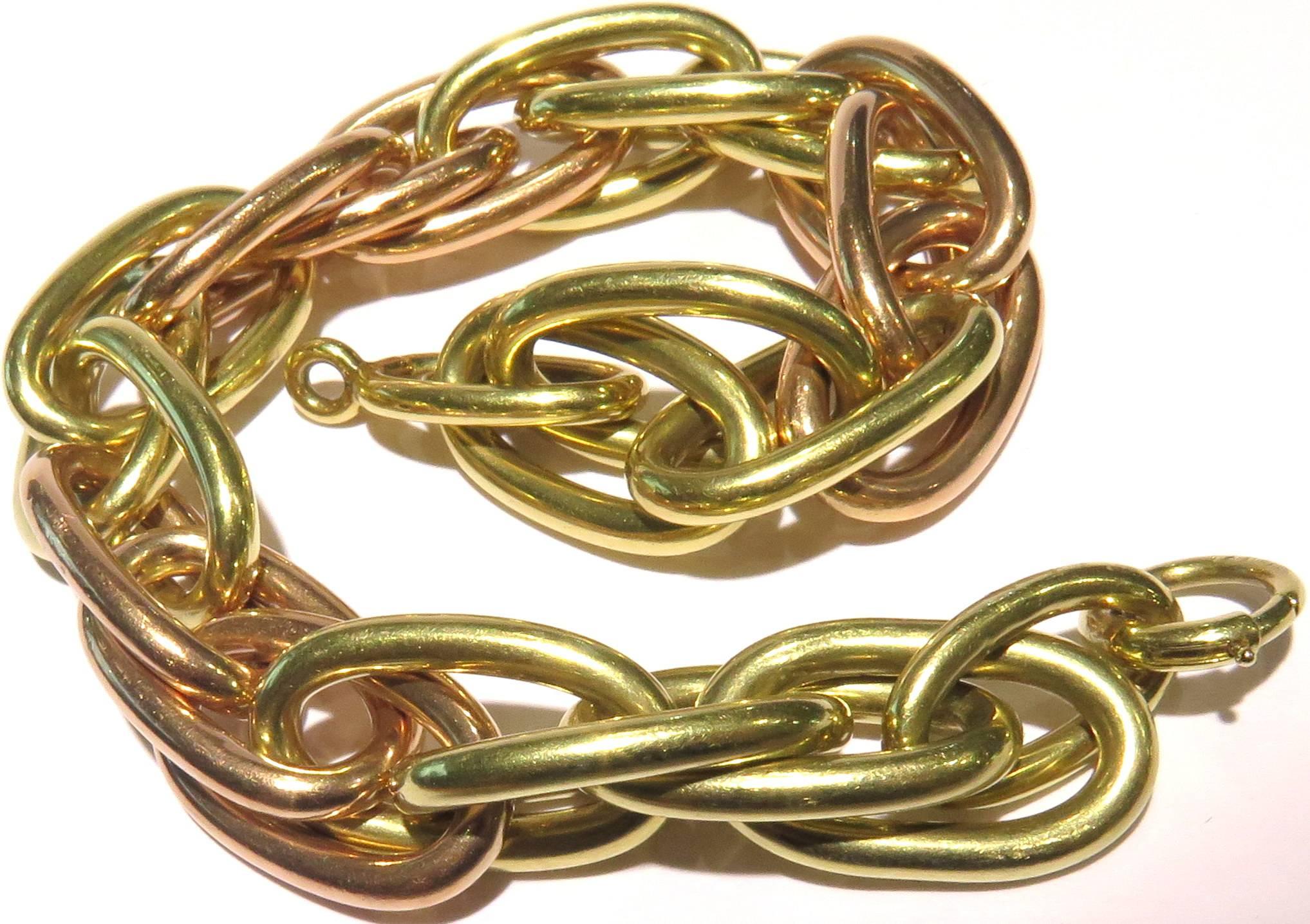 Women's 1940s Bold Dramatic Two Color Gold Large Oval Link Bracelet