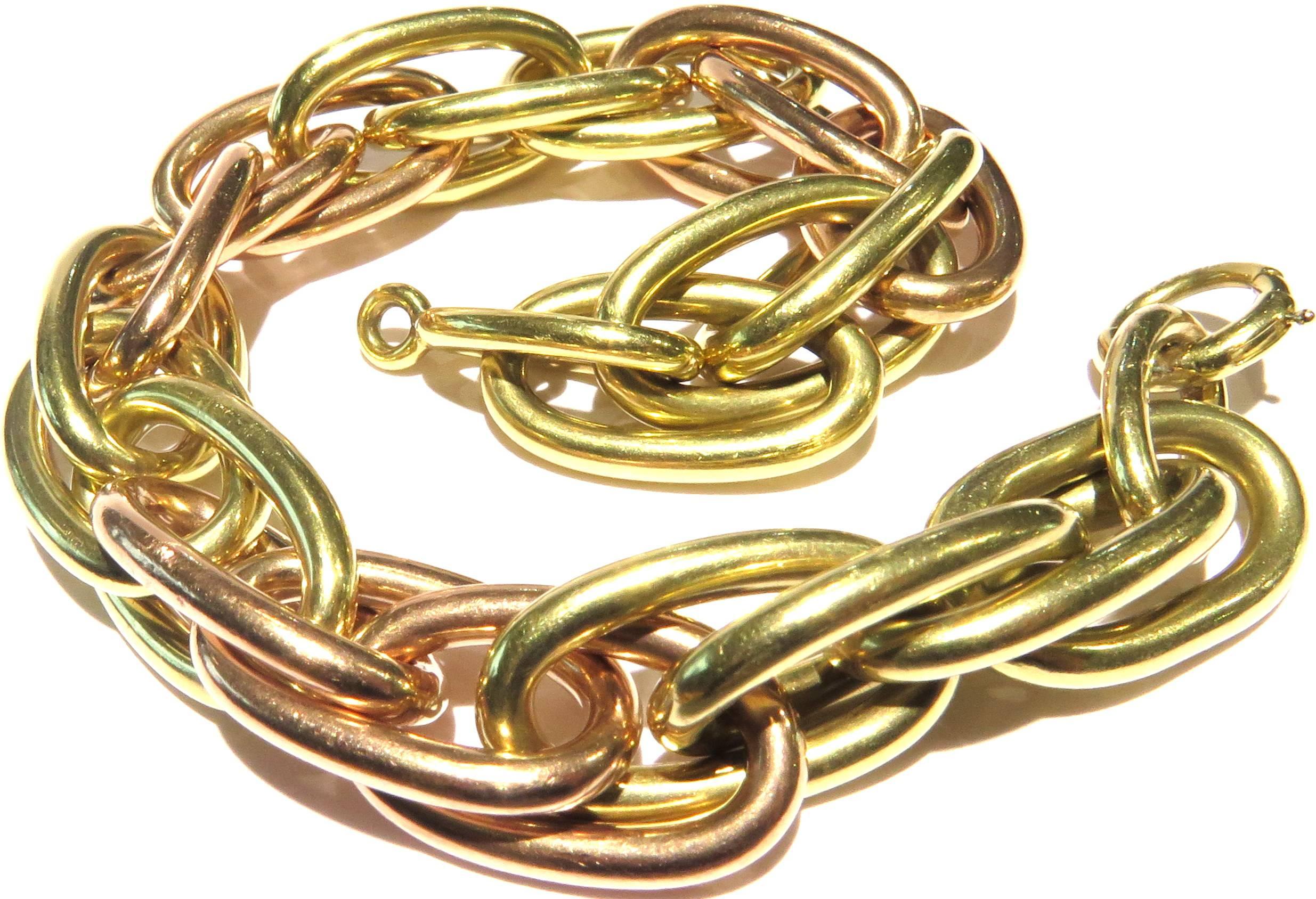 1940s Bold Dramatic Two Color Gold Large Oval Link Bracelet 2