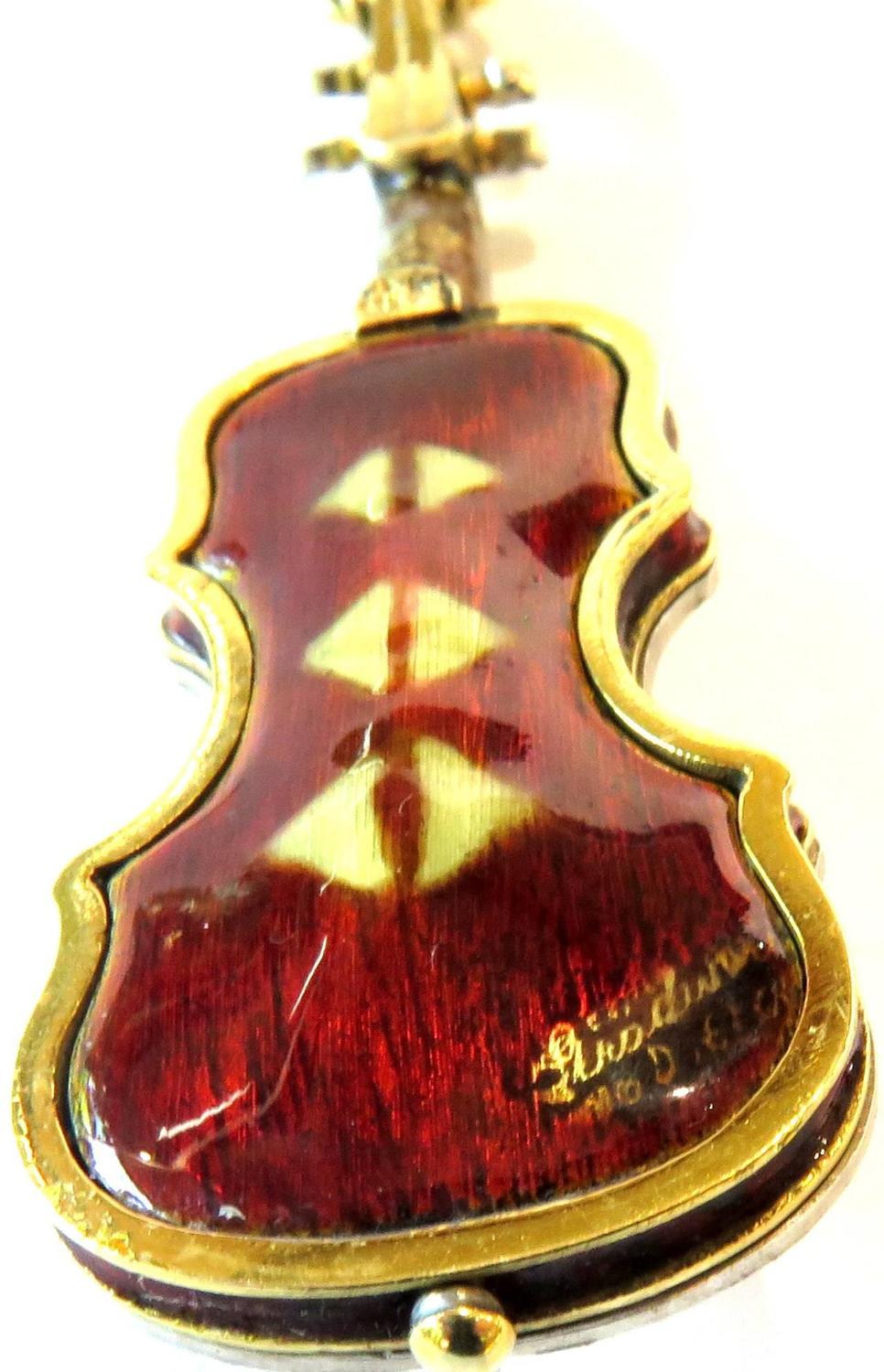 Spectacular Signed Stradivarius Enamel Diamond Violin and Bow Brooch For Sale at 1stdibs