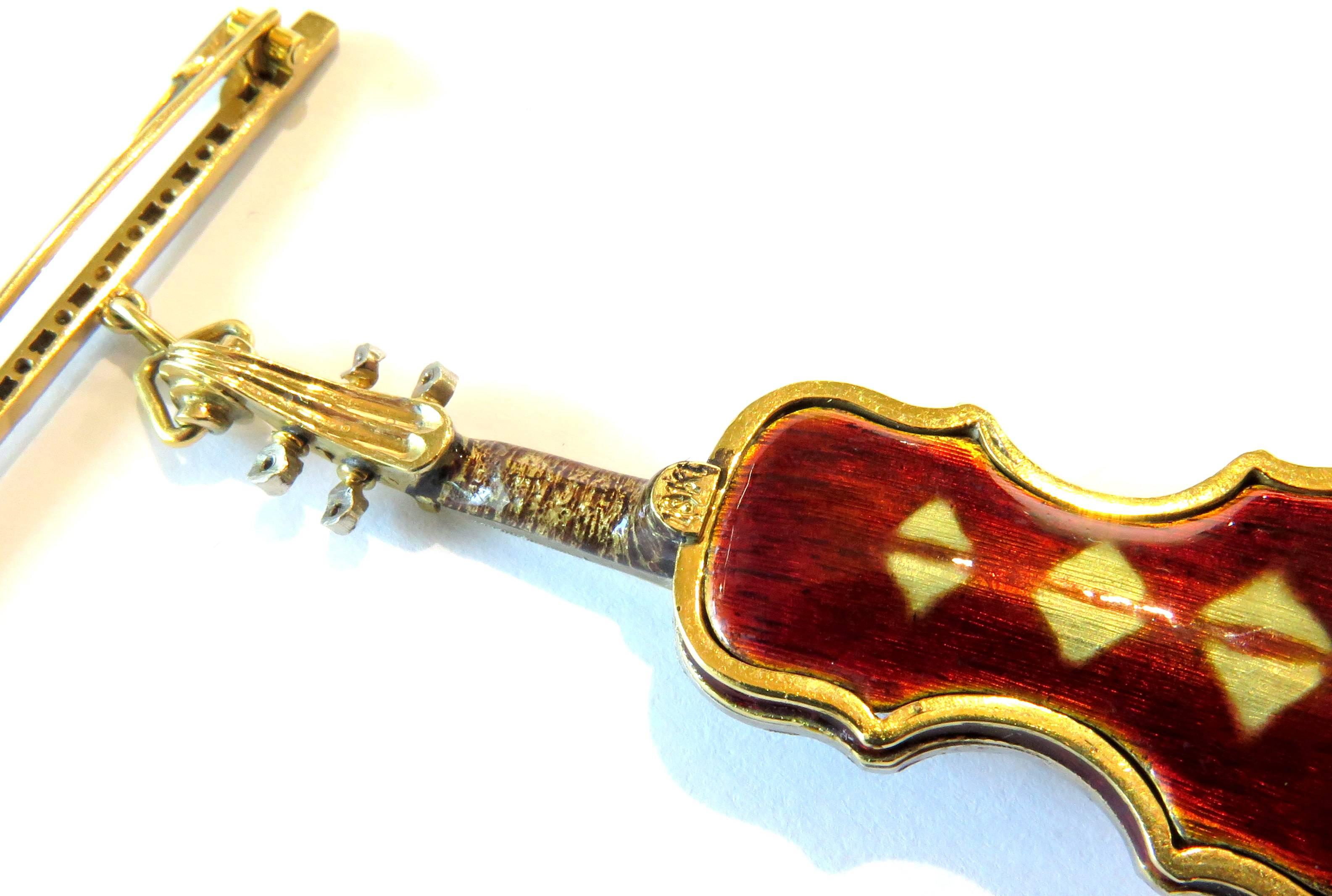 Spectacular Signed Stradivarius Enamel Diamond Violin and Bow Brooch In Excellent Condition In Palm Beach, FL