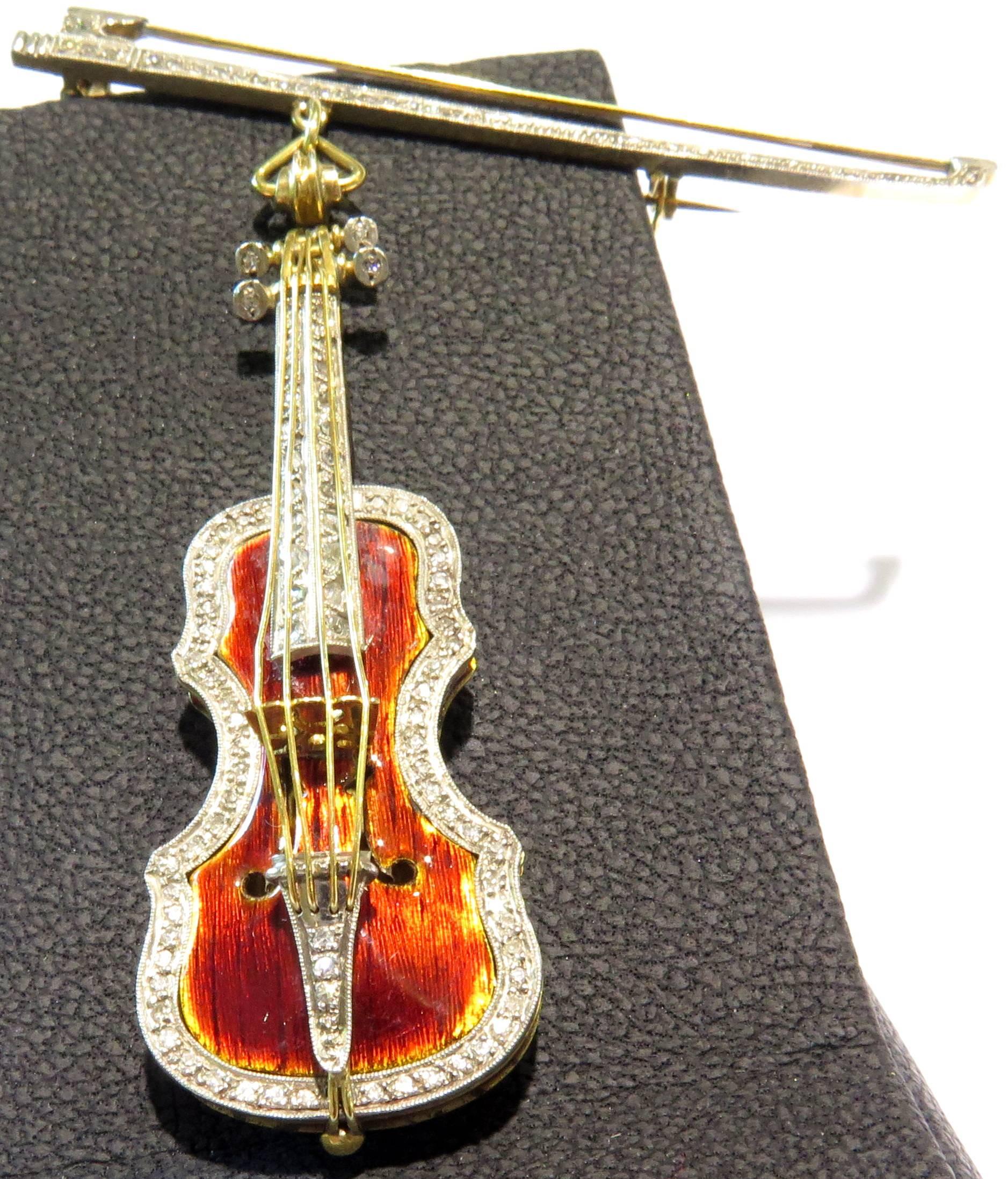 Spectacular Signed Stradivarius Enamel Diamond Violin and Bow Brooch 1