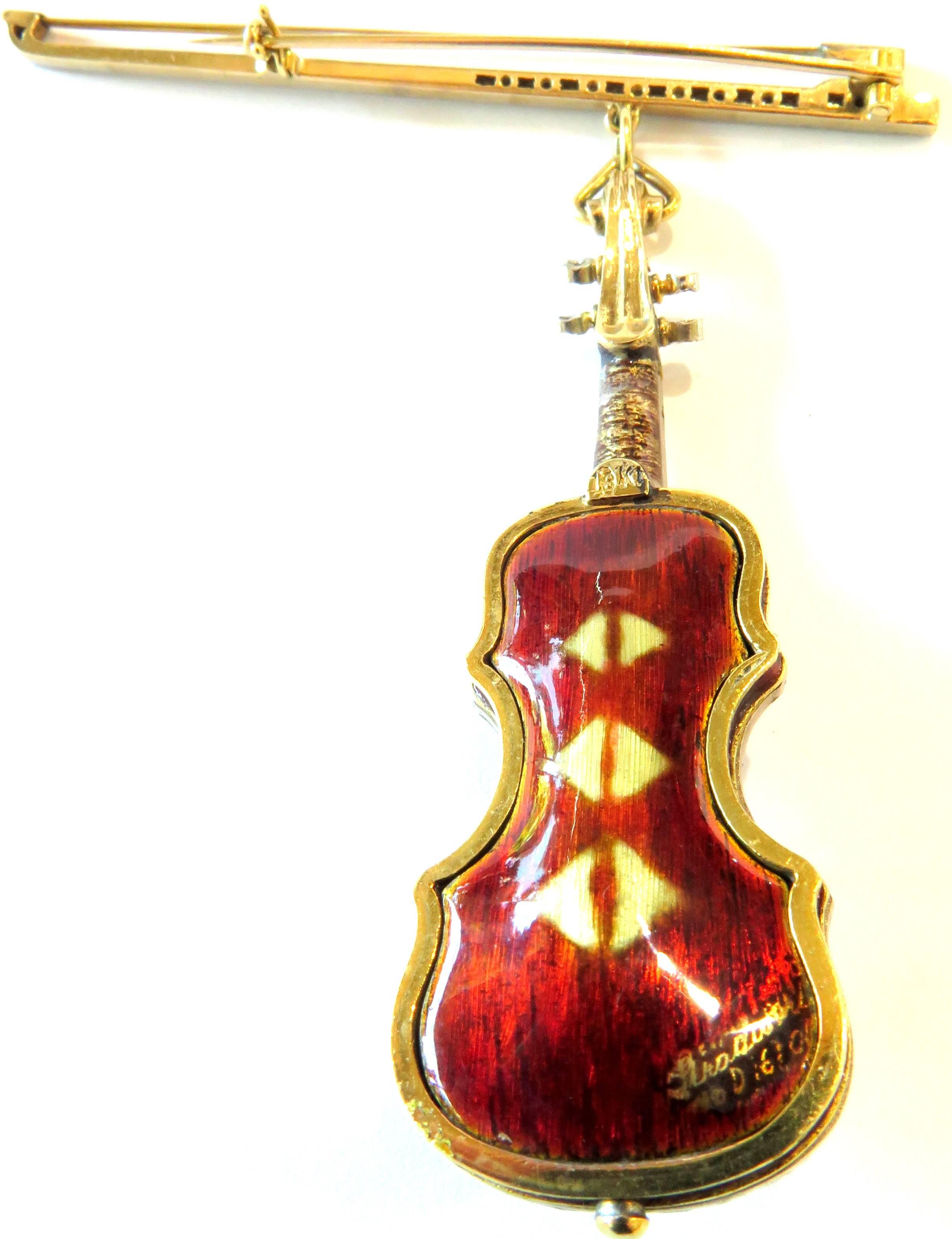 Spectacular Signed Stradivarius Enamel Diamond Violin and Bow Brooch 3