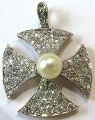 Elegant Antique Pearl Diamond Gold Platinum Maltese Cross Pendant Charm