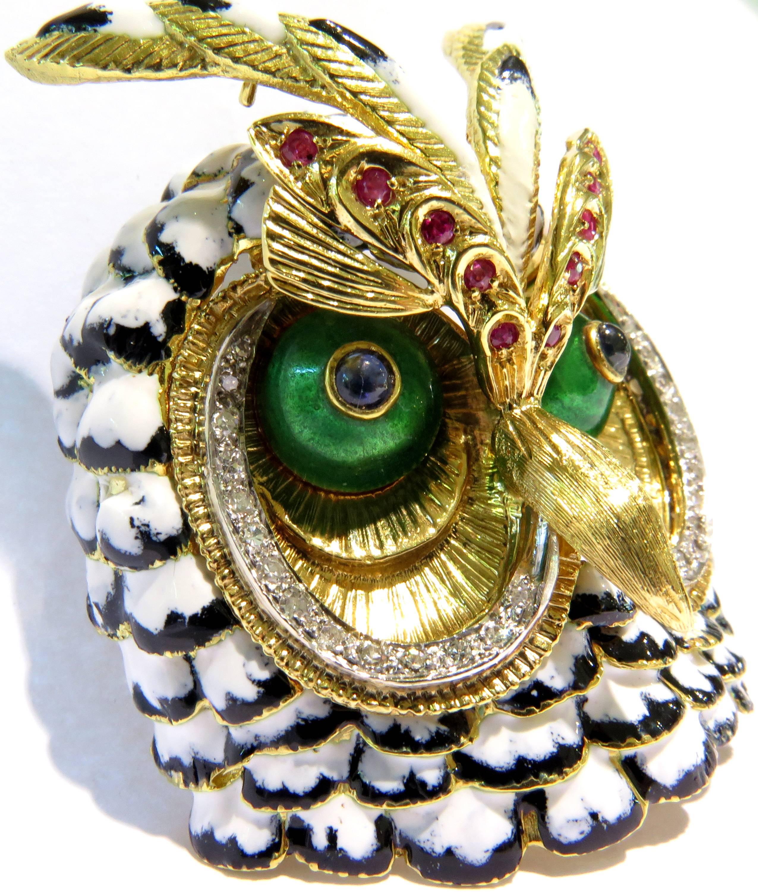 WHOOOO says there is a cuter owl than this???? I don't think so!
So beautifully detailed, you will admire it at any angle. This 18K owl pin is made to be a large brooch or a scarf pin. Either way you choose to wear this pin, you are sure to get
