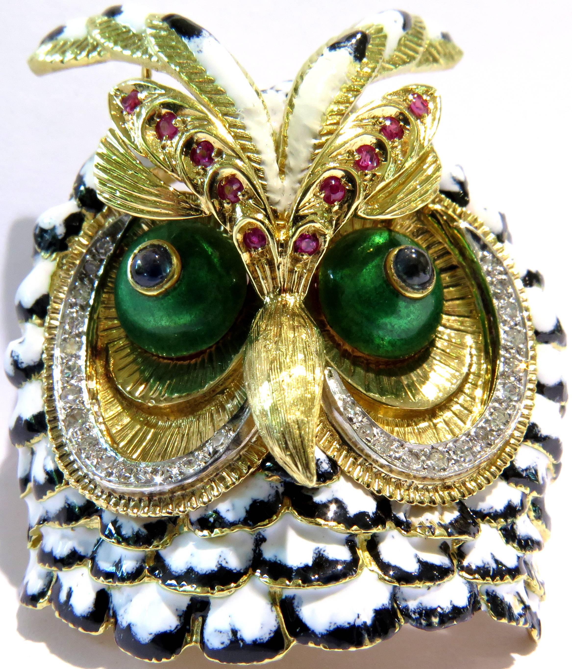 Spectacular Large Owl Pin Gold Enamel Sapphire Ruby Diamond Gold In Excellent Condition In Palm Beach, FL