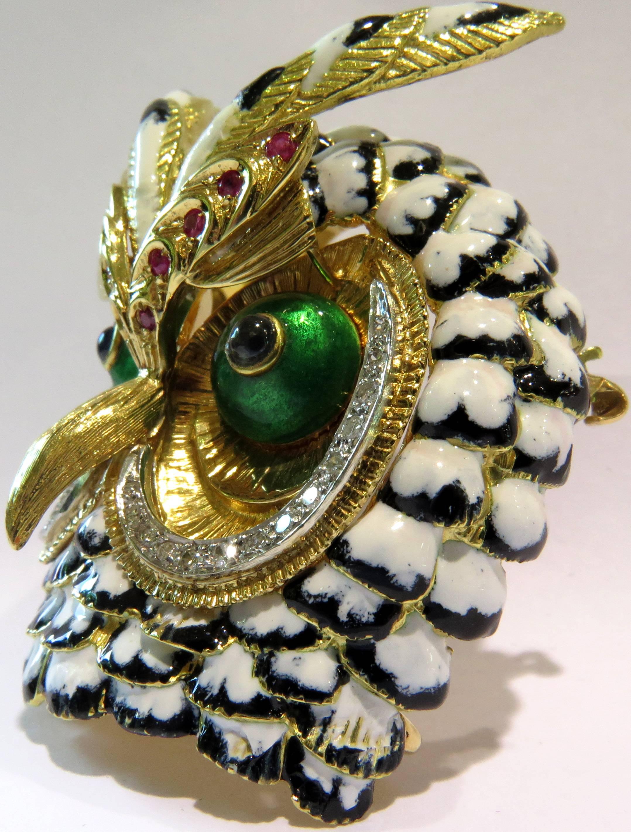 Women's or Men's Spectacular Large Owl Pin Gold Enamel Sapphire Ruby Diamond Gold