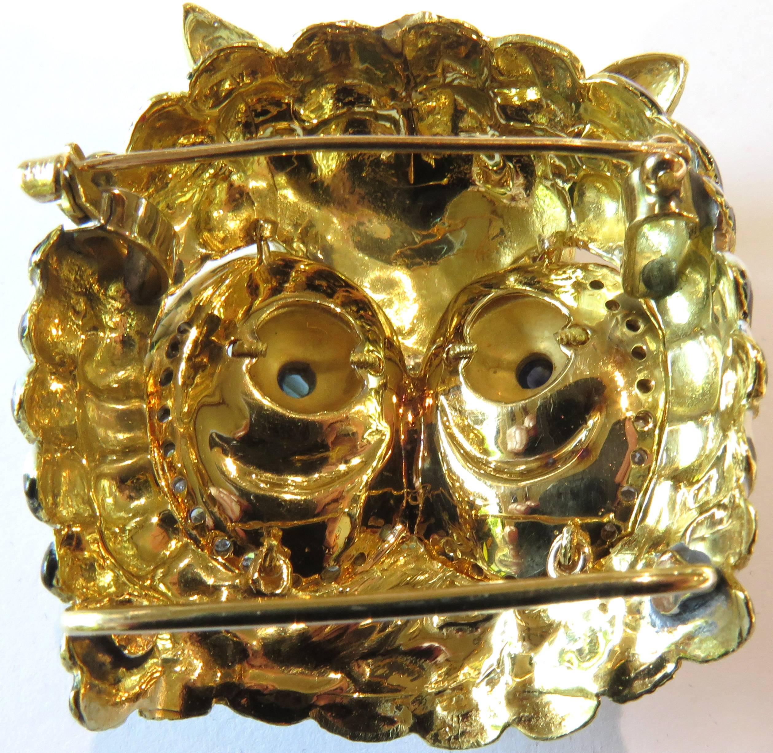 Spectacular Large Owl Pin Gold Enamel Sapphire Ruby Diamond Gold 1